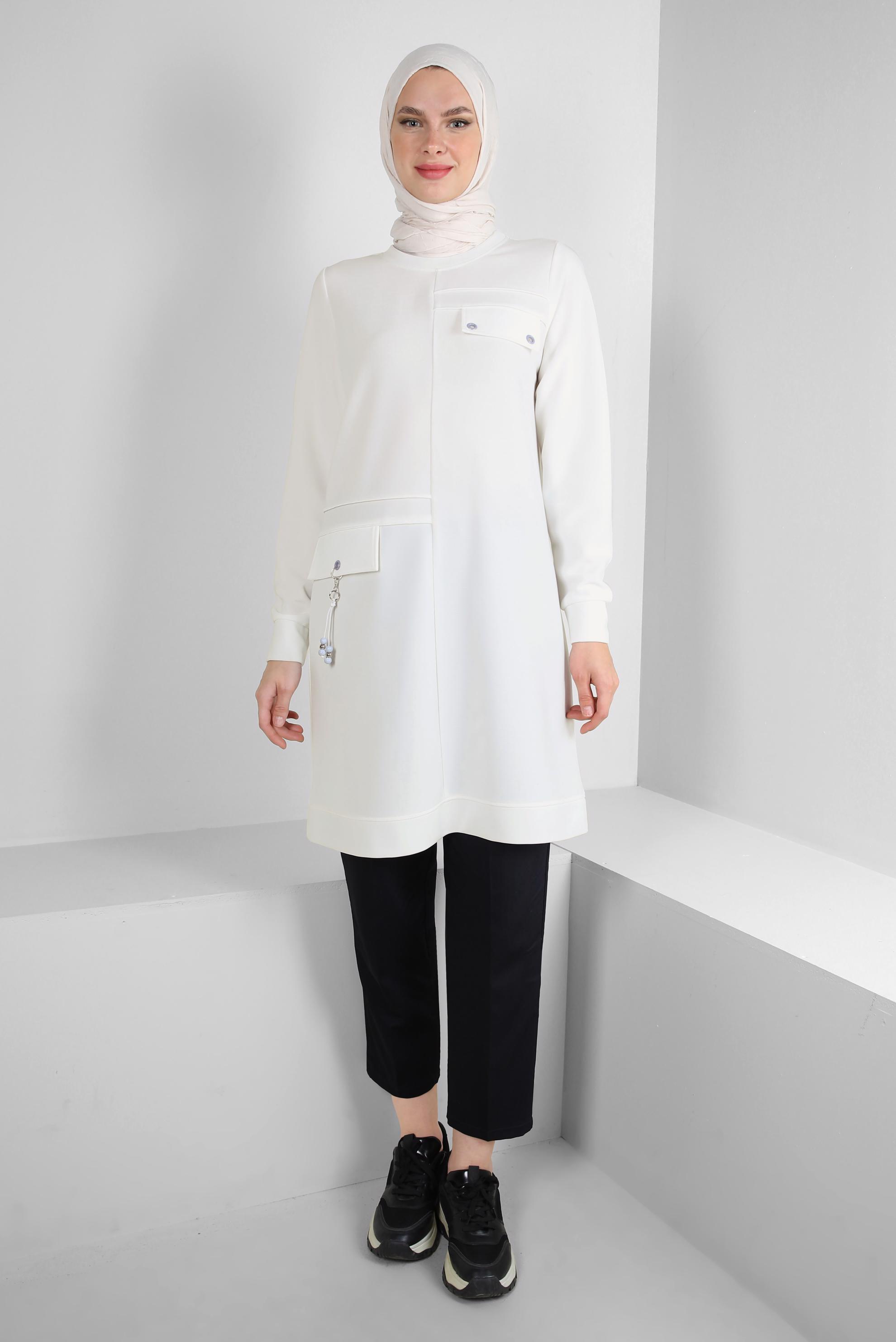 Tesettür giyim BEYAZ KUŞGÖZÜ DETAYLI BİSİKLET YAKA EŞOFMAN TUNİK 43853