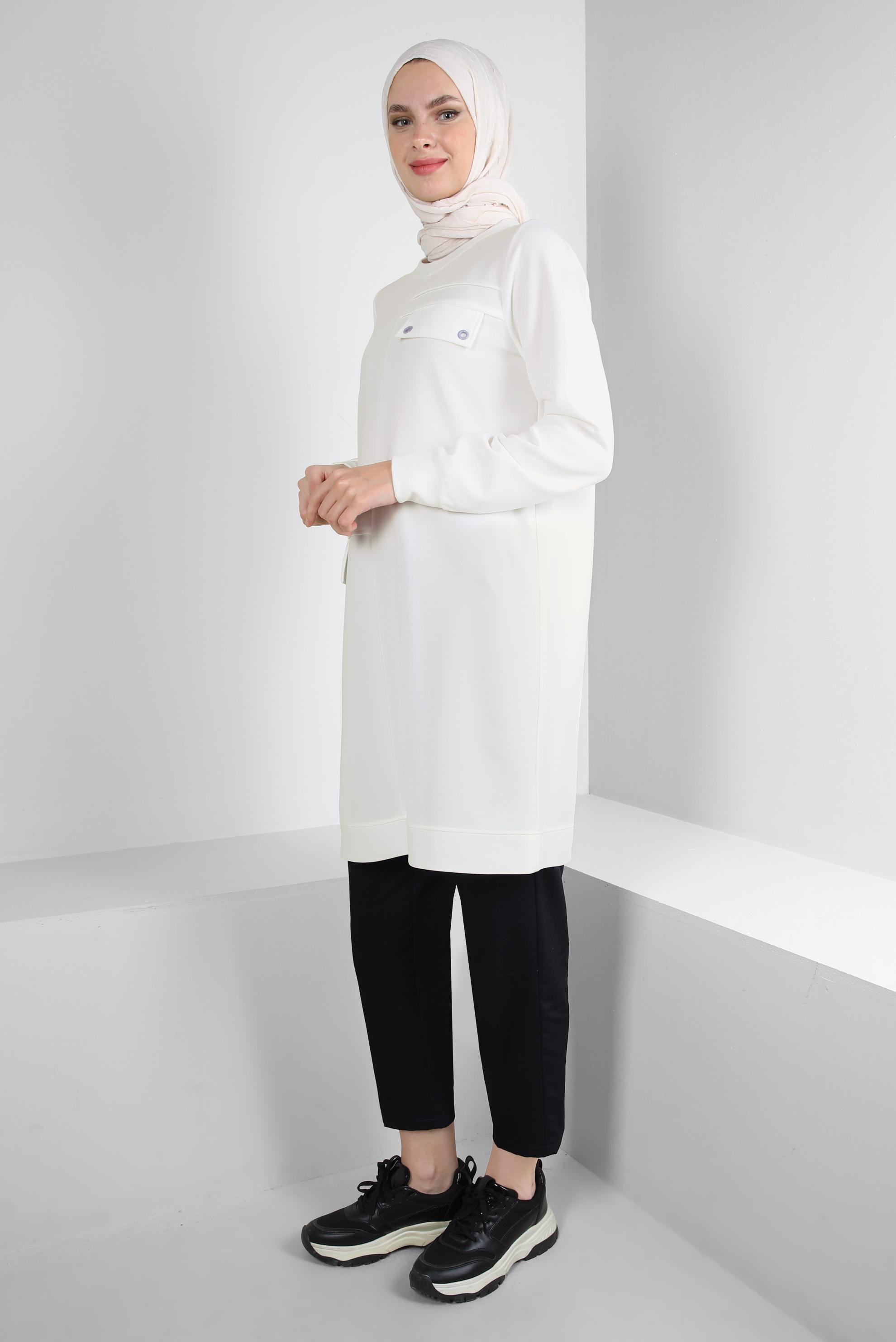 Tesettür giyim BEYAZ KUŞGÖZÜ DETAYLI BİSİKLET YAKA EŞOFMAN TUNİK 43853