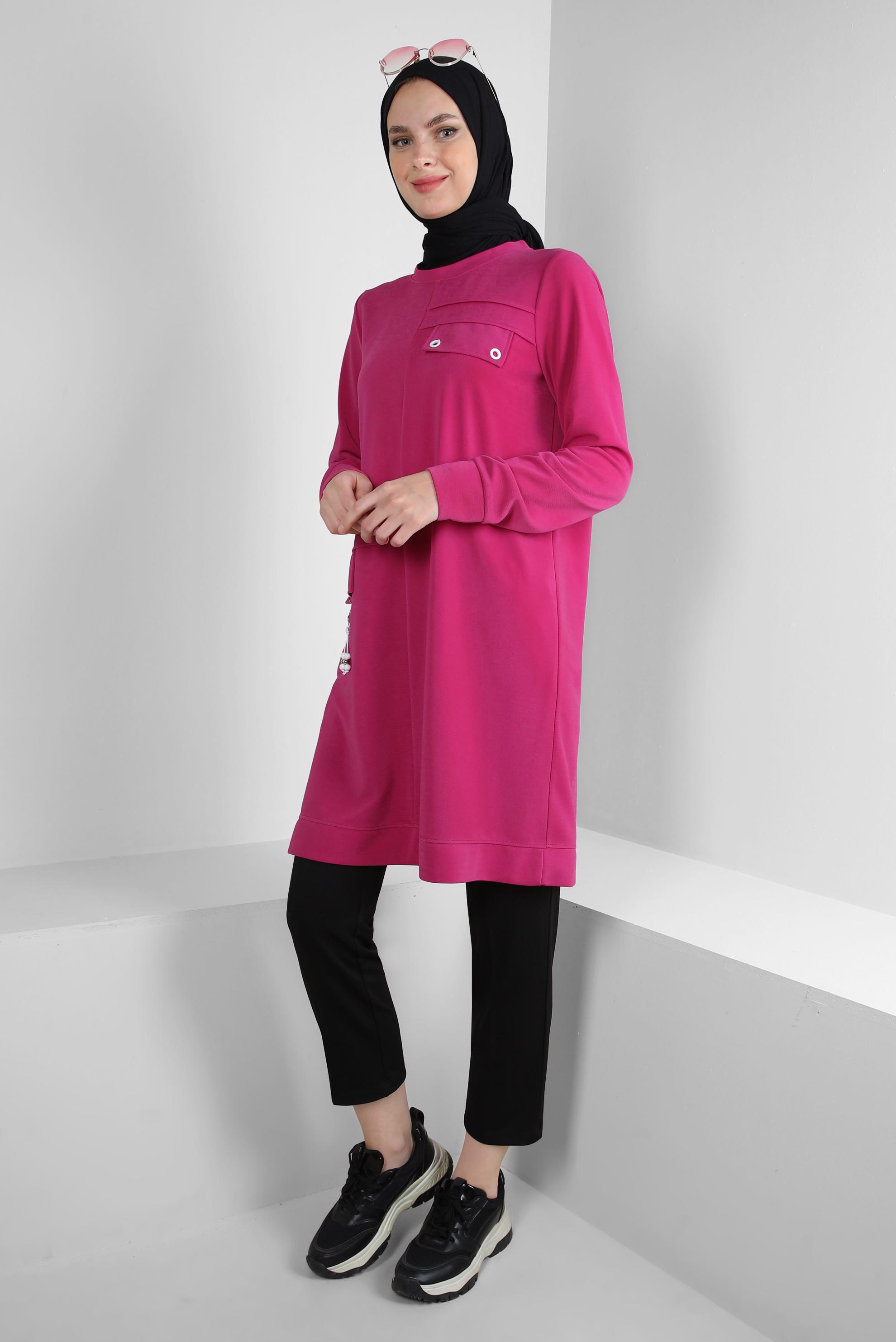 Tesettür giyim FUŞYA KUŞGÖZÜ DETAYLI BİSİKLET YAKA EŞOFMAN TUNİK 43853