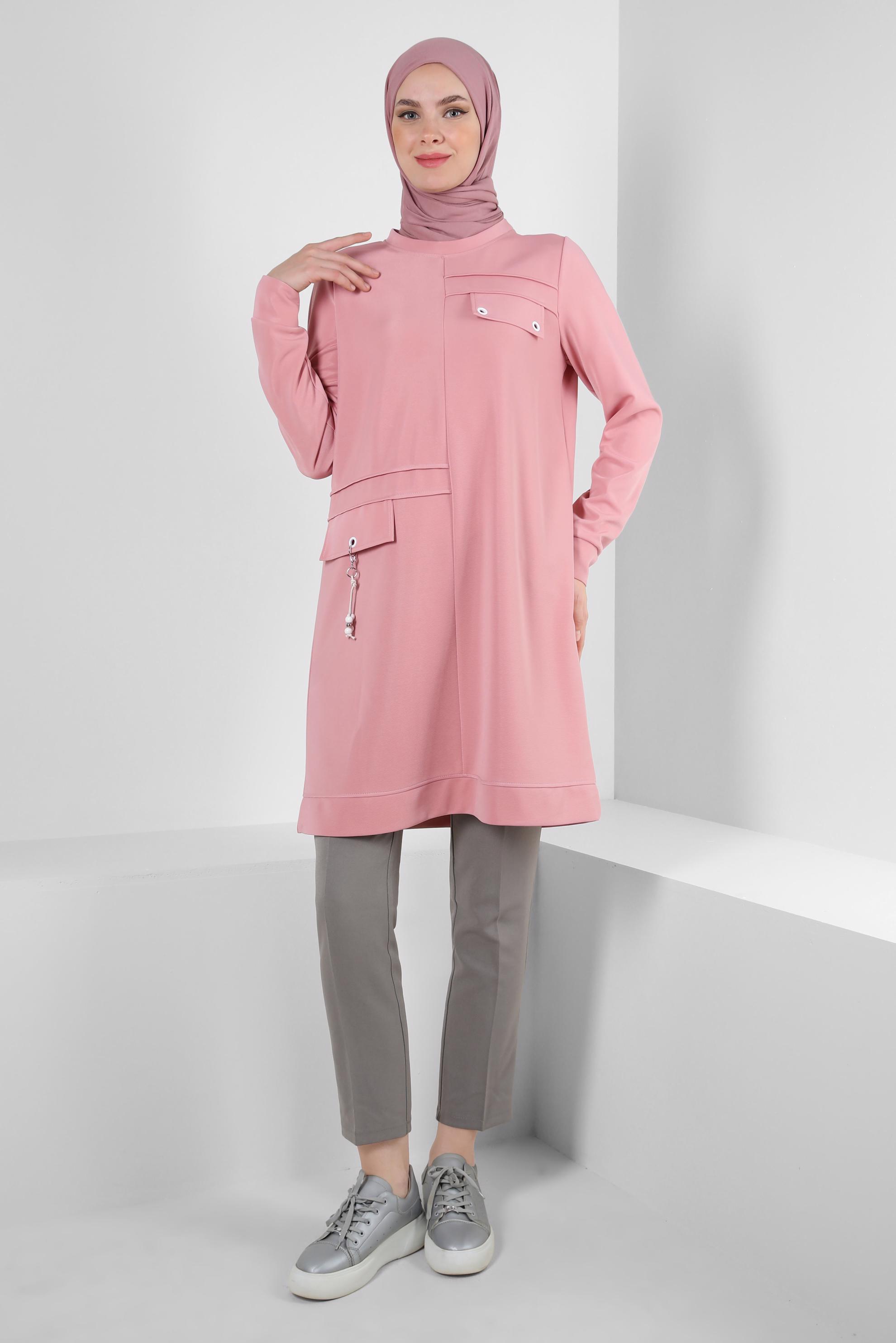 Tesettür giyim PUDRA KUŞGÖZÜ DETAYLI BİSİKLET YAKA EŞOFMAN TUNİK 43853