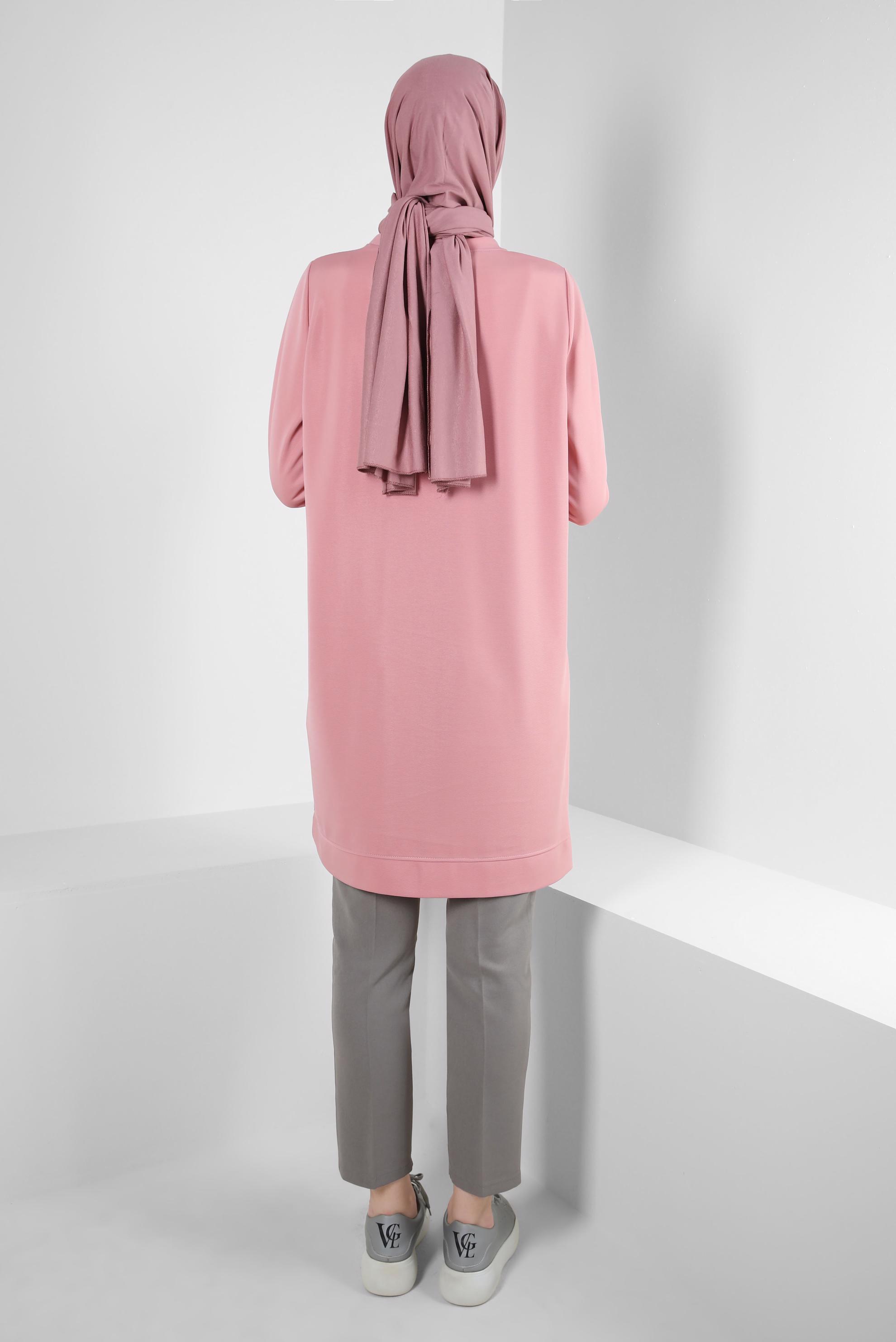 Tesettür giyim PUDRA KUŞGÖZÜ DETAYLI BİSİKLET YAKA EŞOFMAN TUNİK 43853