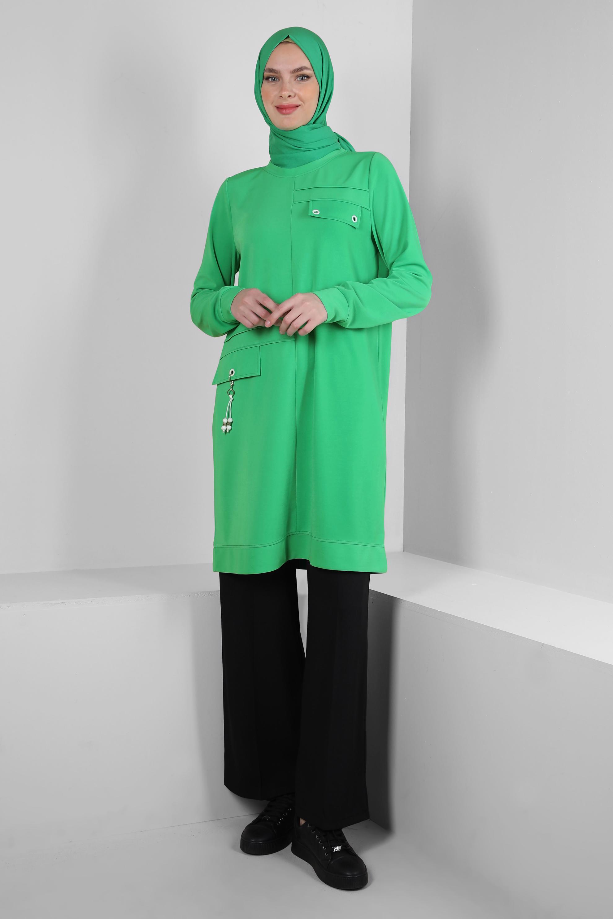 Vêtements hijab VERT TUNIQUE DE SURVÊTEMENT À COL ROND DÉTAIL ŒILLET 43853