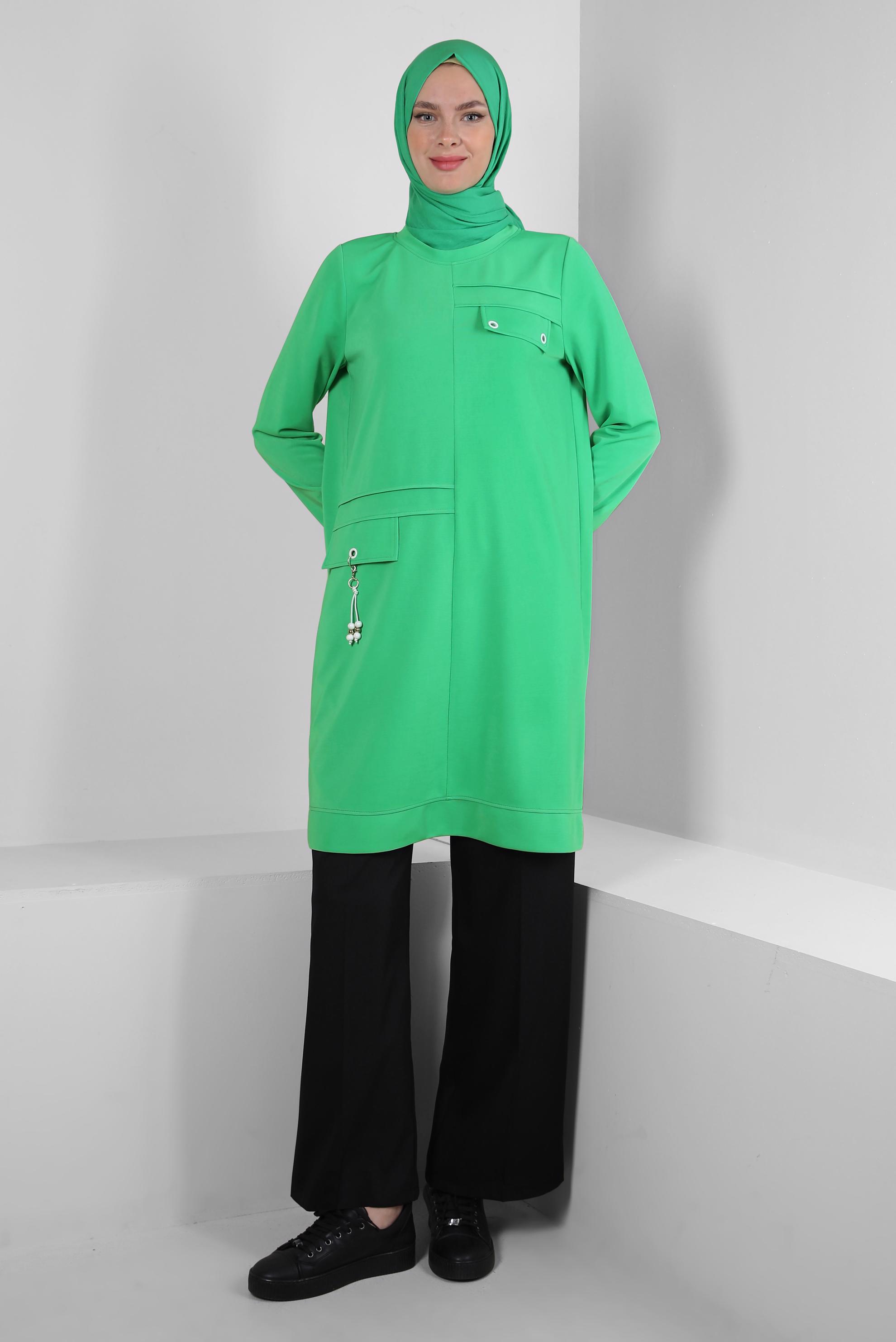 Vêtements hijab VERT TUNIQUE DE SURVÊTEMENT À COL ROND DÉTAIL ŒILLET 43853