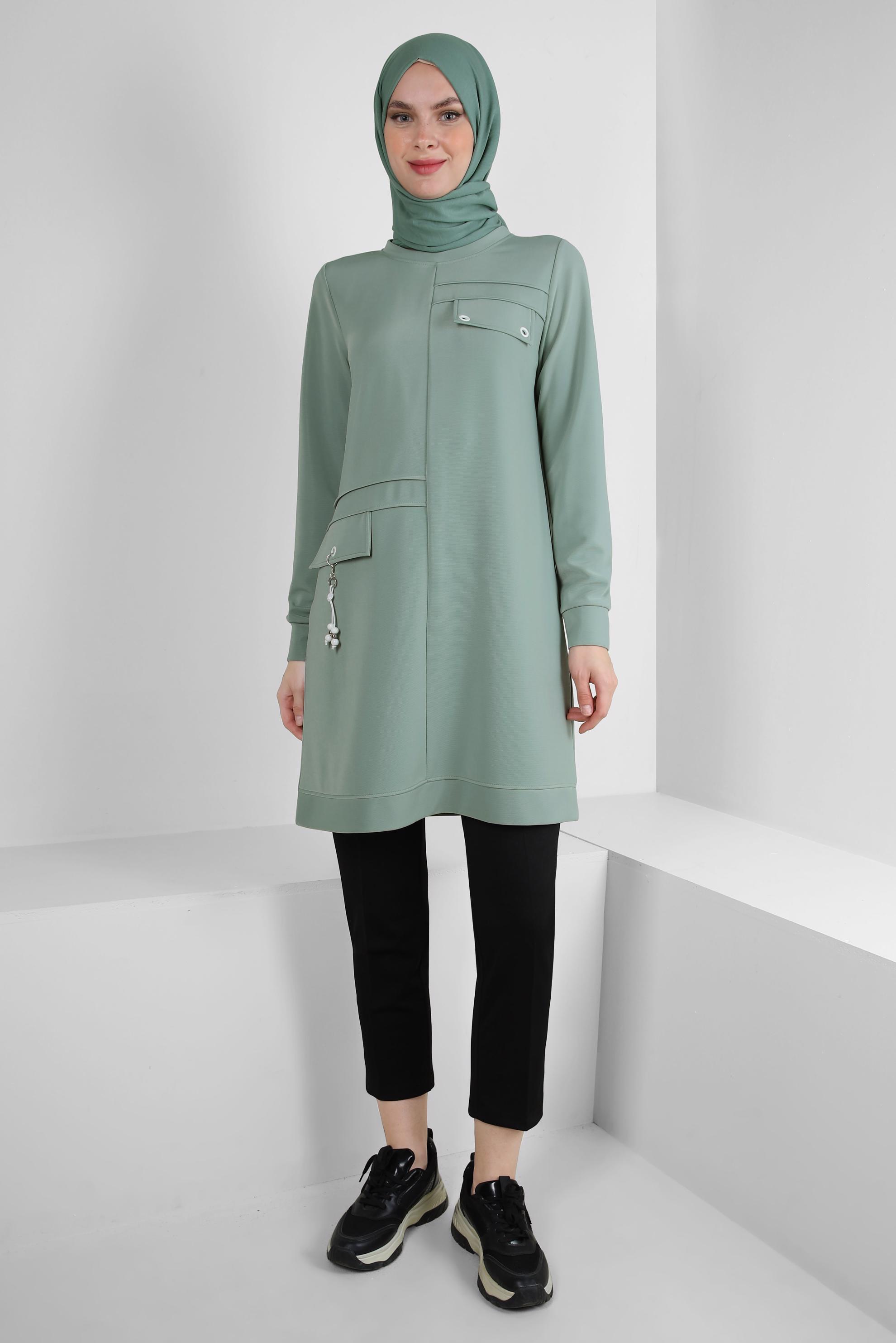 Vêtements hijab BLEU TUNIQUE DE SURVÊTEMENT À COL ROND DÉTAIL ŒILLET 43853