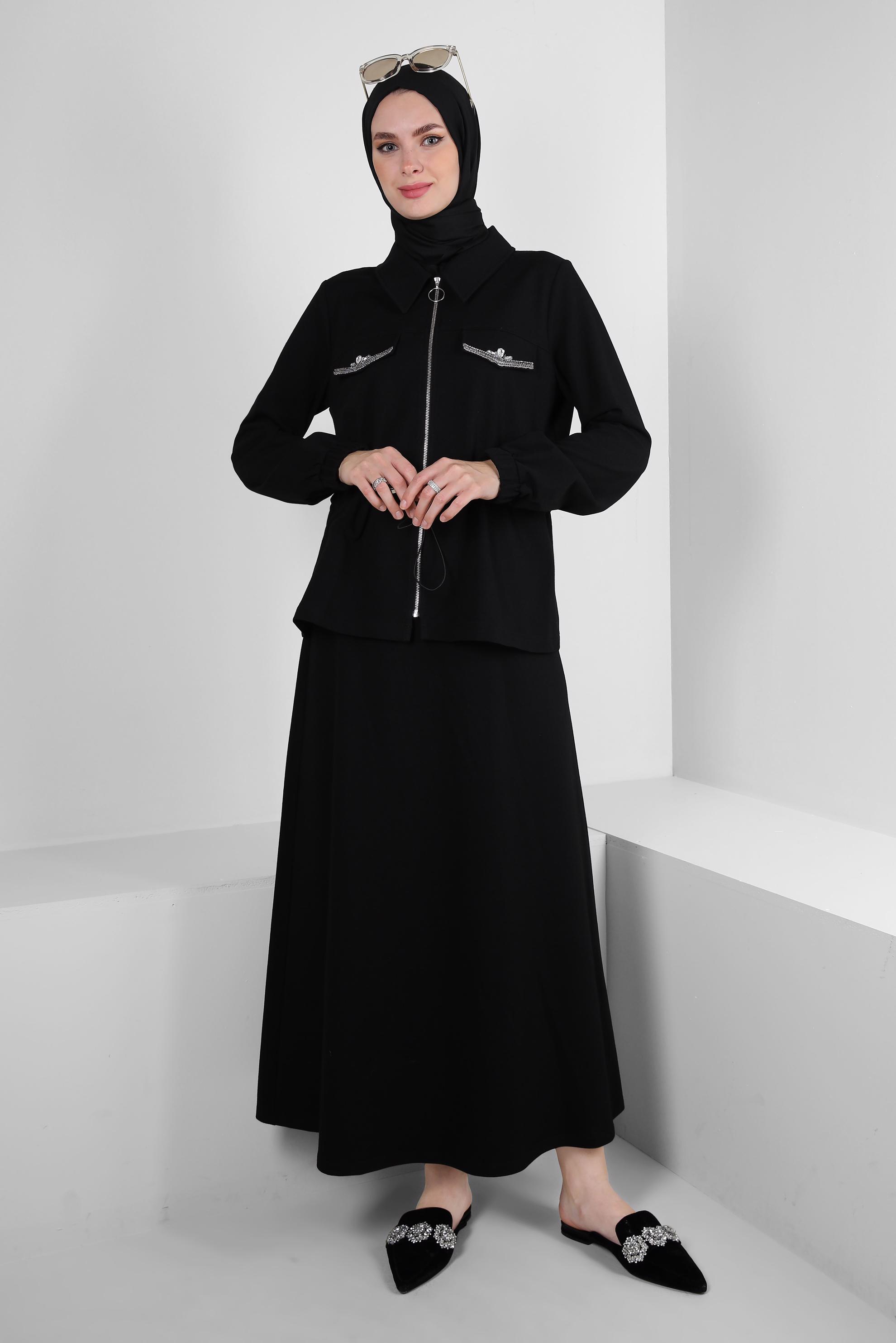 Tesettür giyim SİYAH BELİ BÜZGÜLÜ FERMUARLI ETEKLİ EŞOFMAN TAKIM 43876