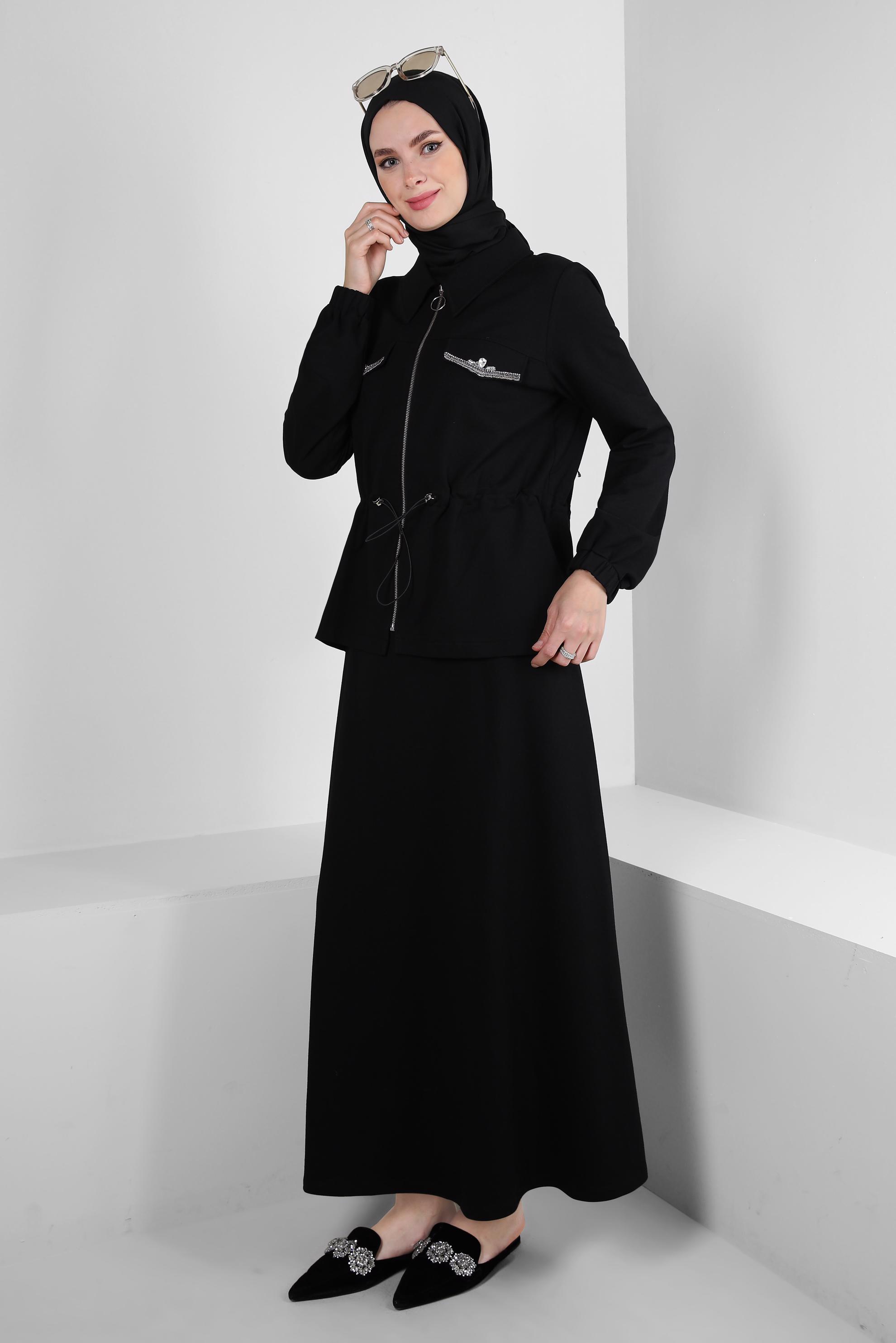 Tesettür giyim SİYAH BELİ BÜZGÜLÜ FERMUARLI ETEKLİ EŞOFMAN TAKIM 43876