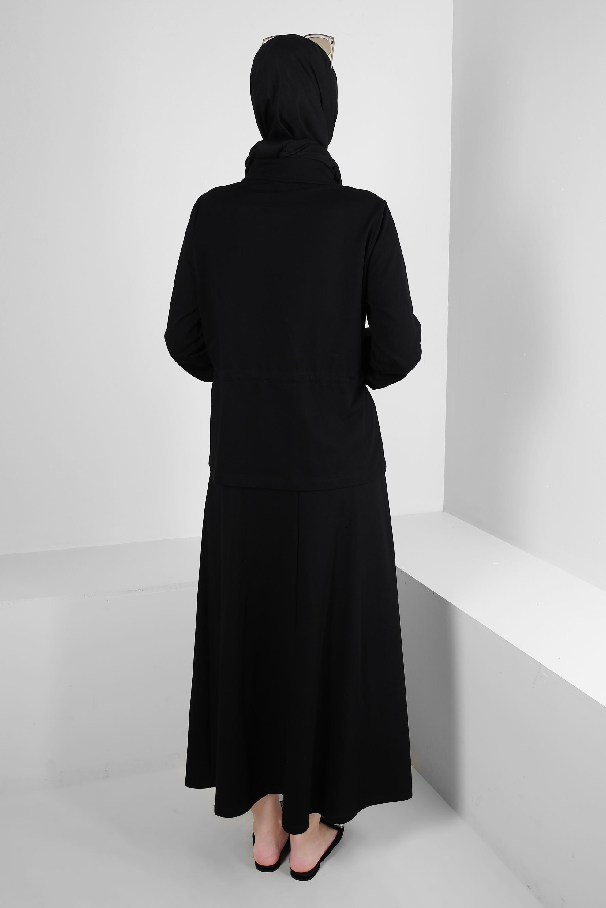 Tesettür giyim SİYAH BELİ BÜZGÜLÜ FERMUARLI ETEKLİ EŞOFMAN TAKIM 43876