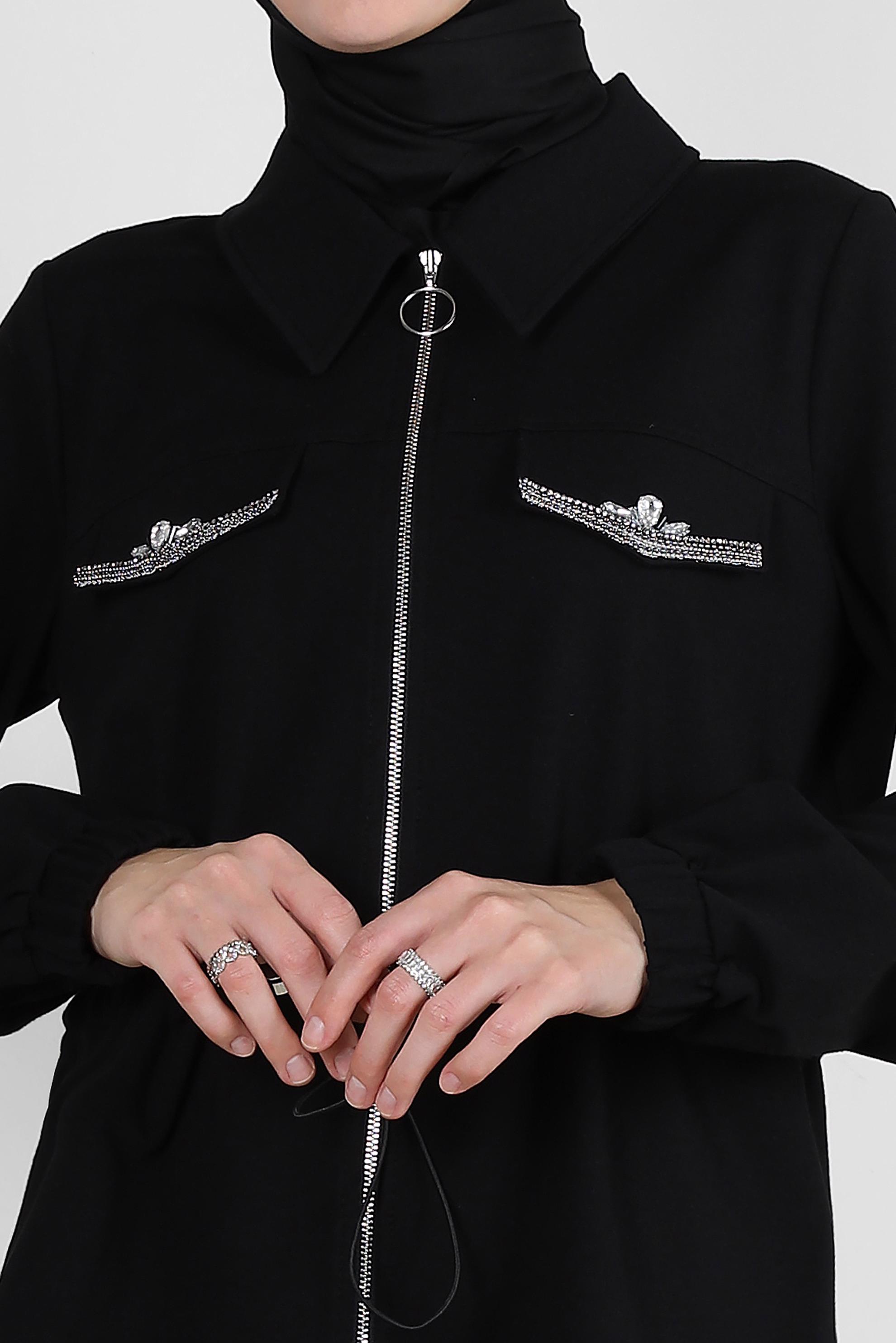 Tesettür giyim SİYAH BELİ BÜZGÜLÜ FERMUARLI ETEKLİ EŞOFMAN TAKIM 43876