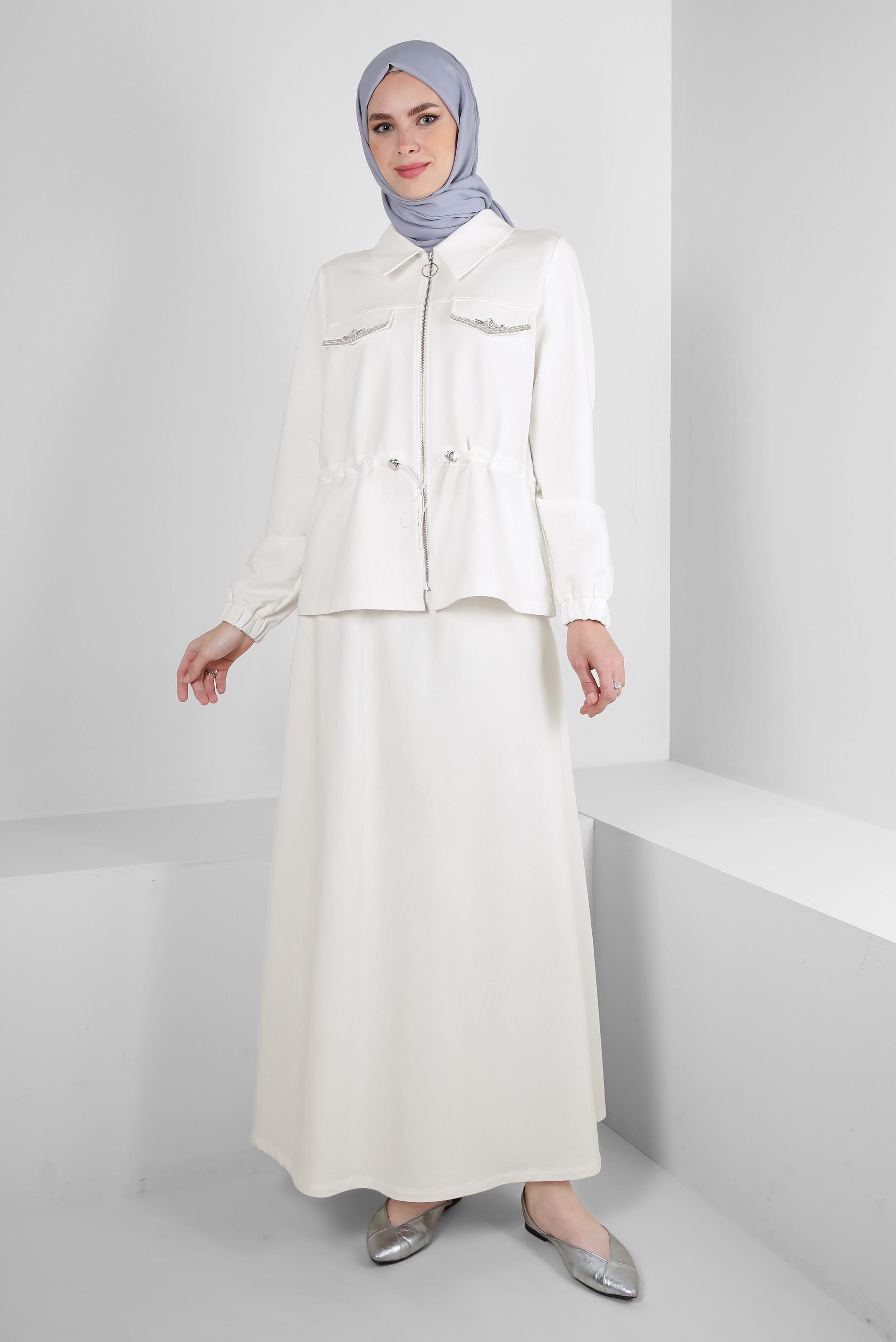 Vêtements hijab BLANC ENSEMBLE JUPE DE SURVÊTEMENT TAILLE SMOCKÉE AVEC FERMETURE ÉCLAIR 43876
