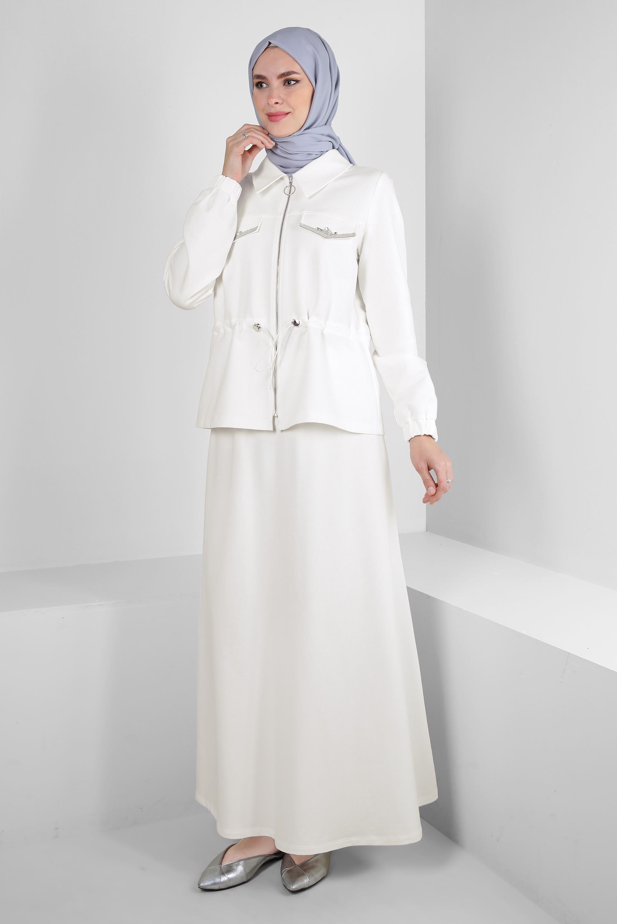 Vêtements hijab BLANC ENSEMBLE JUPE DE SURVÊTEMENT TAILLE SMOCKÉE AVEC FERMETURE ÉCLAIR 43876