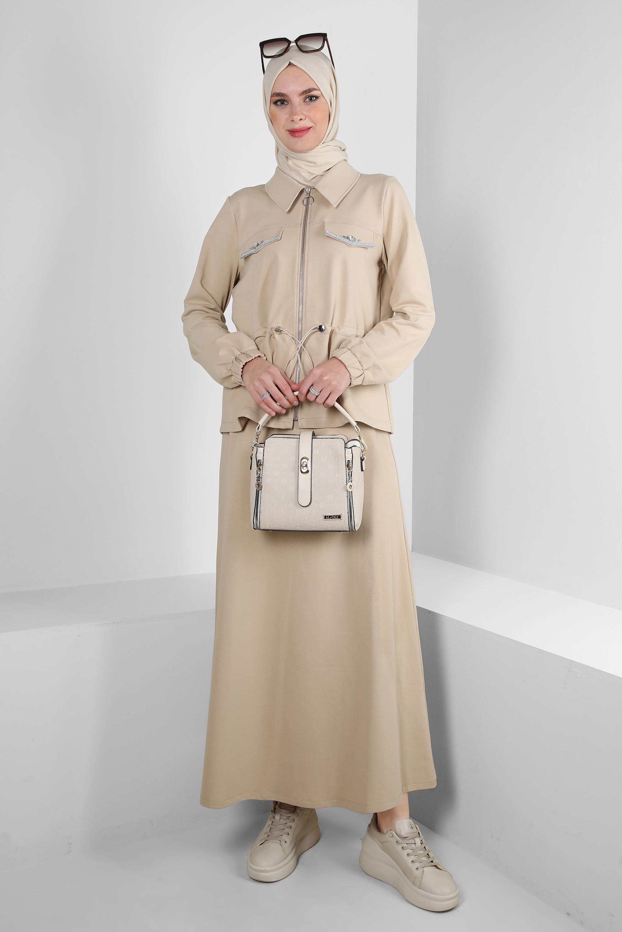 Tesettür giyim BEJ BELİ BÜZGÜLÜ FERMUARLI ETEKLİ EŞOFMAN TAKIM 43876
