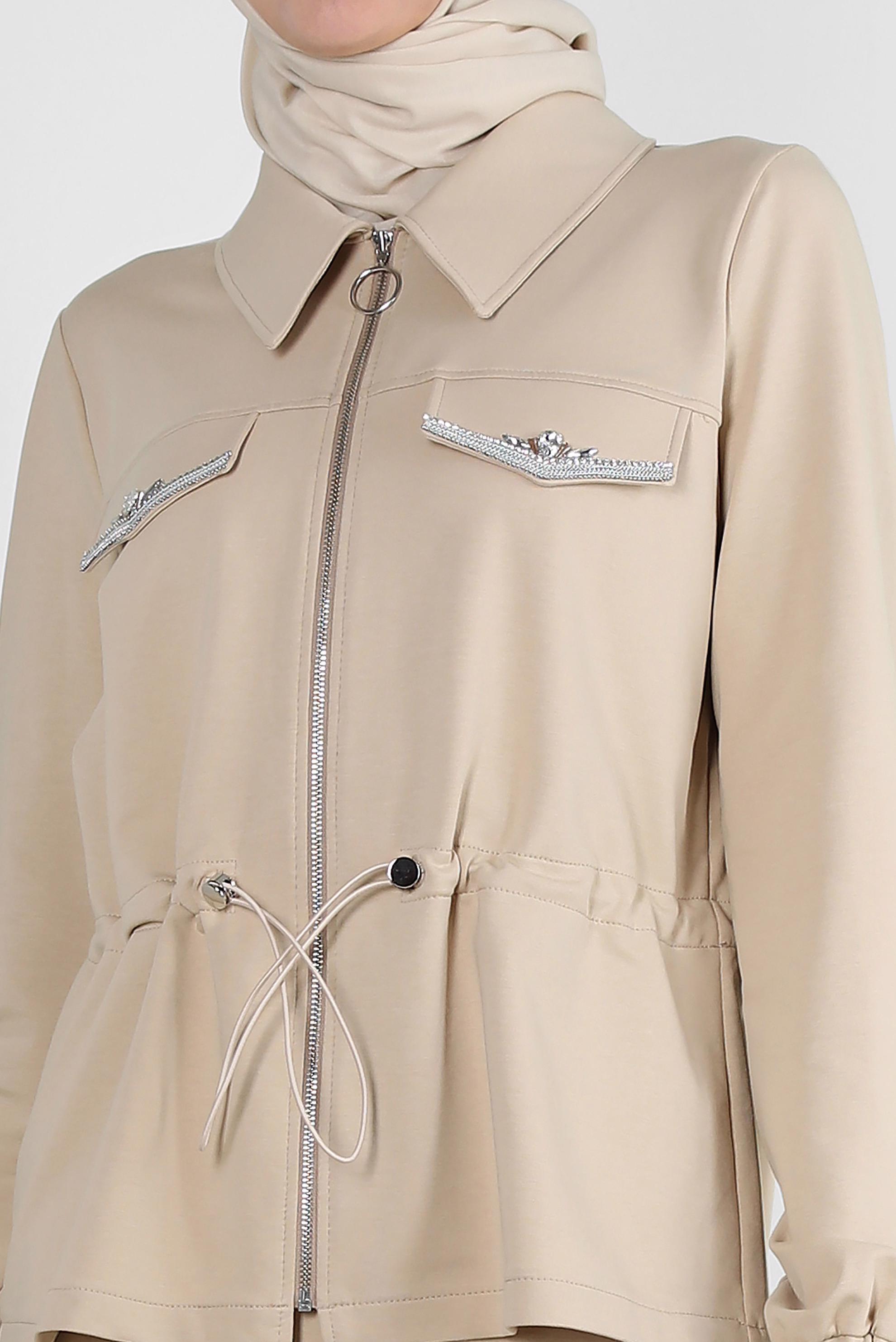 Tesettür giyim BEJ BELİ BÜZGÜLÜ FERMUARLI ETEKLİ EŞOFMAN TAKIM 43876