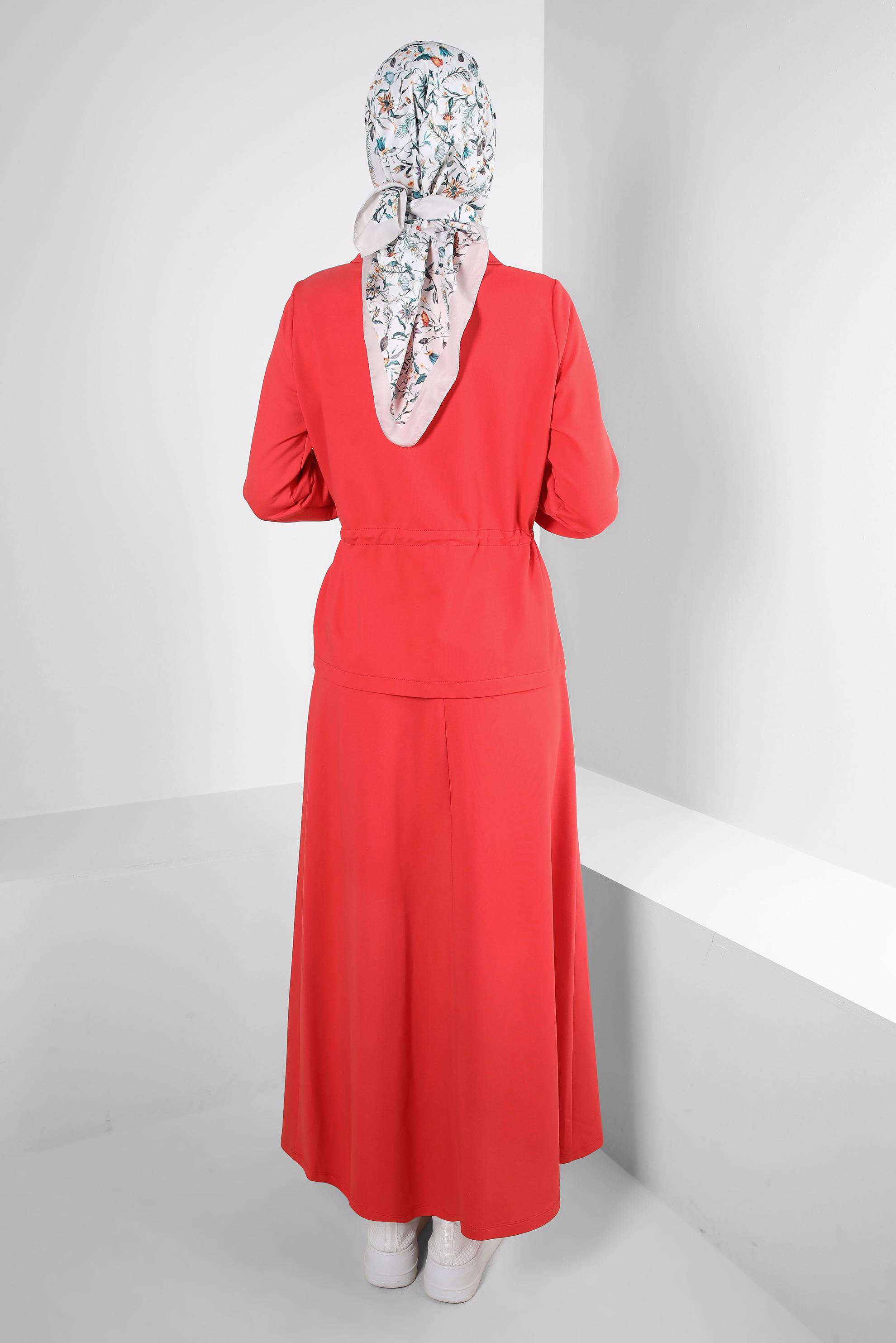 Tesettür giyim KIRMIZI BELİ BÜZGÜLÜ FERMUARLI ETEKLİ EŞOFMAN TAKIM 43876