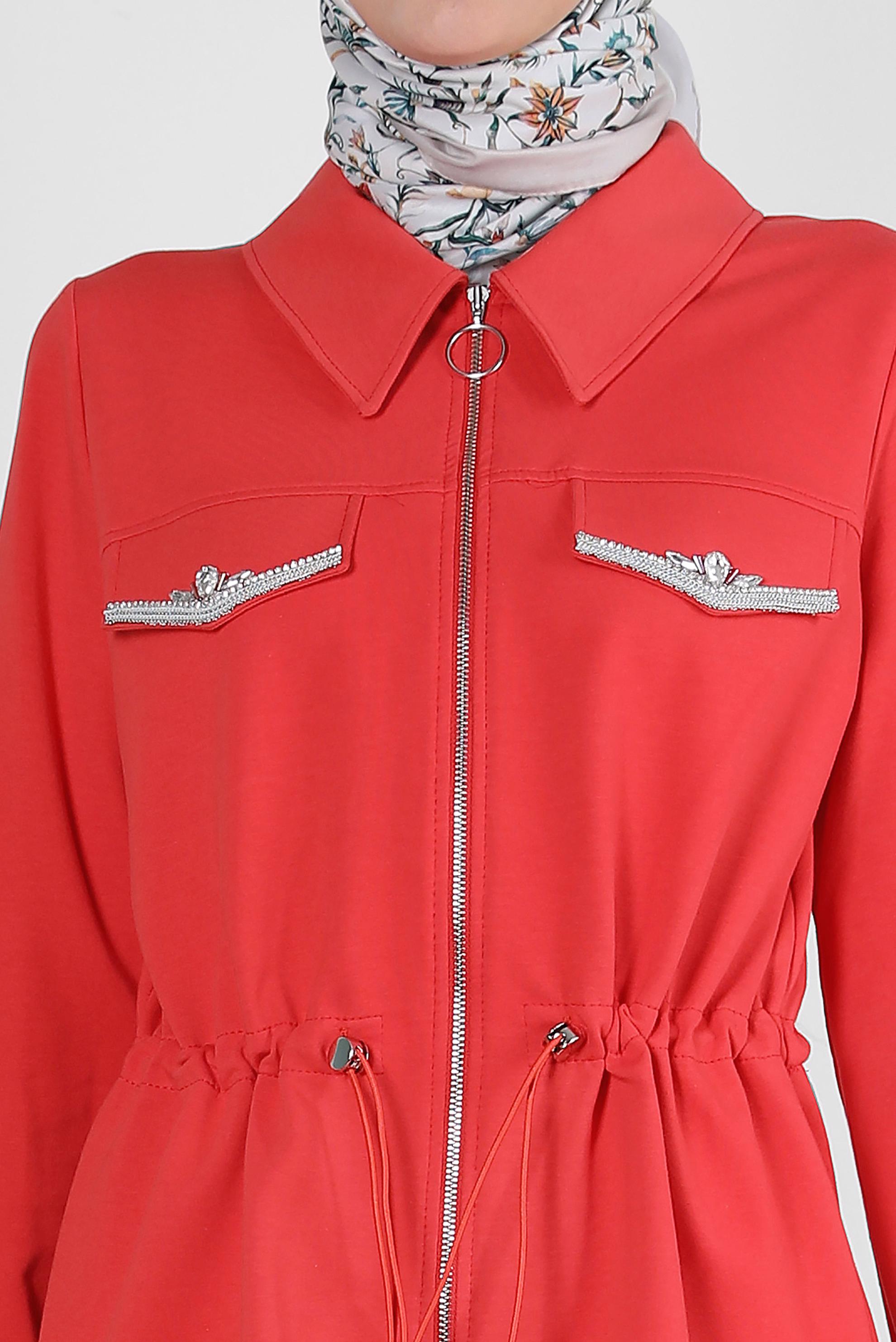 Tesettür giyim KIRMIZI BELİ BÜZGÜLÜ FERMUARLI ETEKLİ EŞOFMAN TAKIM 43876