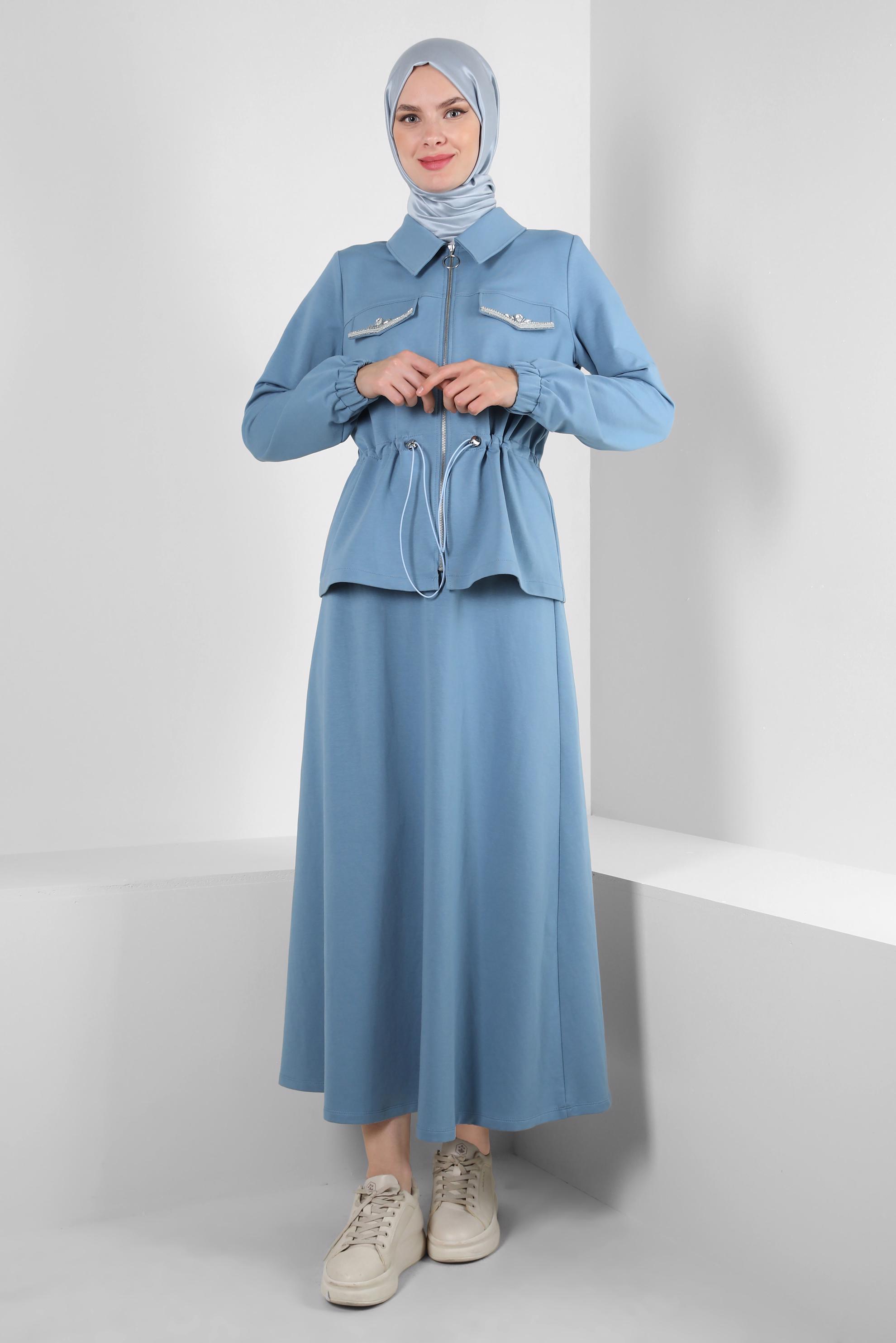 Tesettür giyim MAVİ BELİ BÜZGÜLÜ FERMUARLI ETEKLİ EŞOFMAN TAKIM 43876