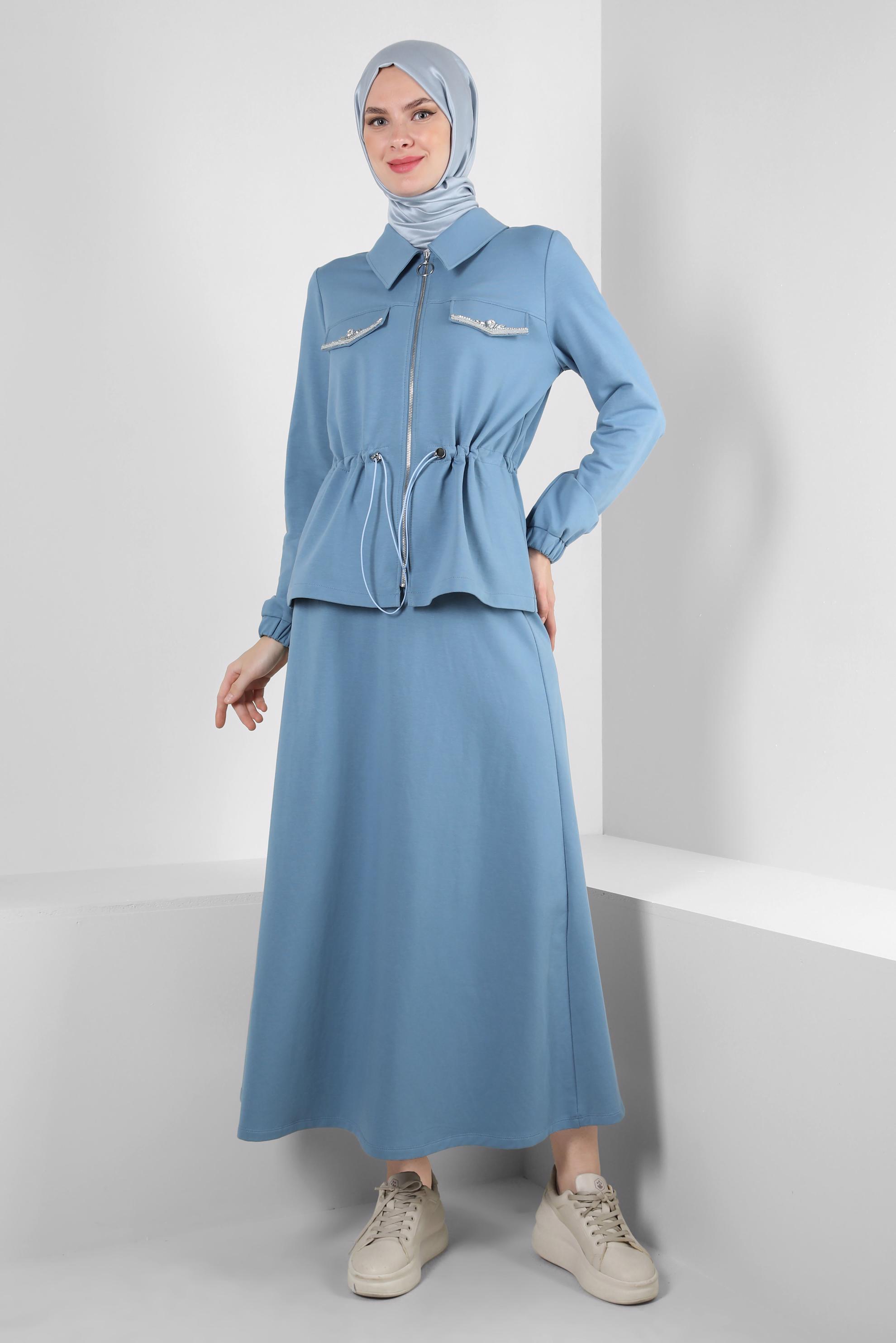 Tesettür giyim MAVİ BELİ BÜZGÜLÜ FERMUARLI ETEKLİ EŞOFMAN TAKIM 43876