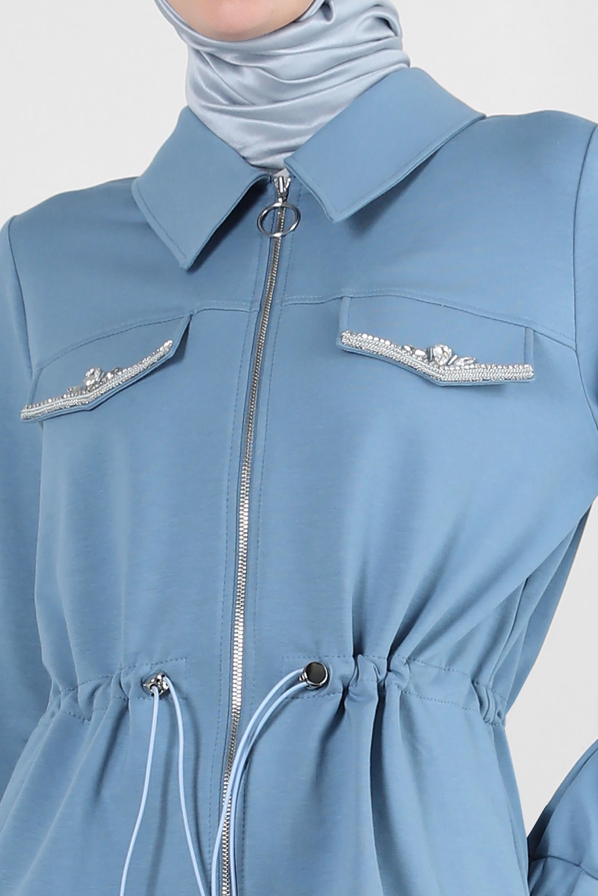 Tesettür giyim MAVİ BELİ BÜZGÜLÜ FERMUARLI ETEKLİ EŞOFMAN TAKIM 43876