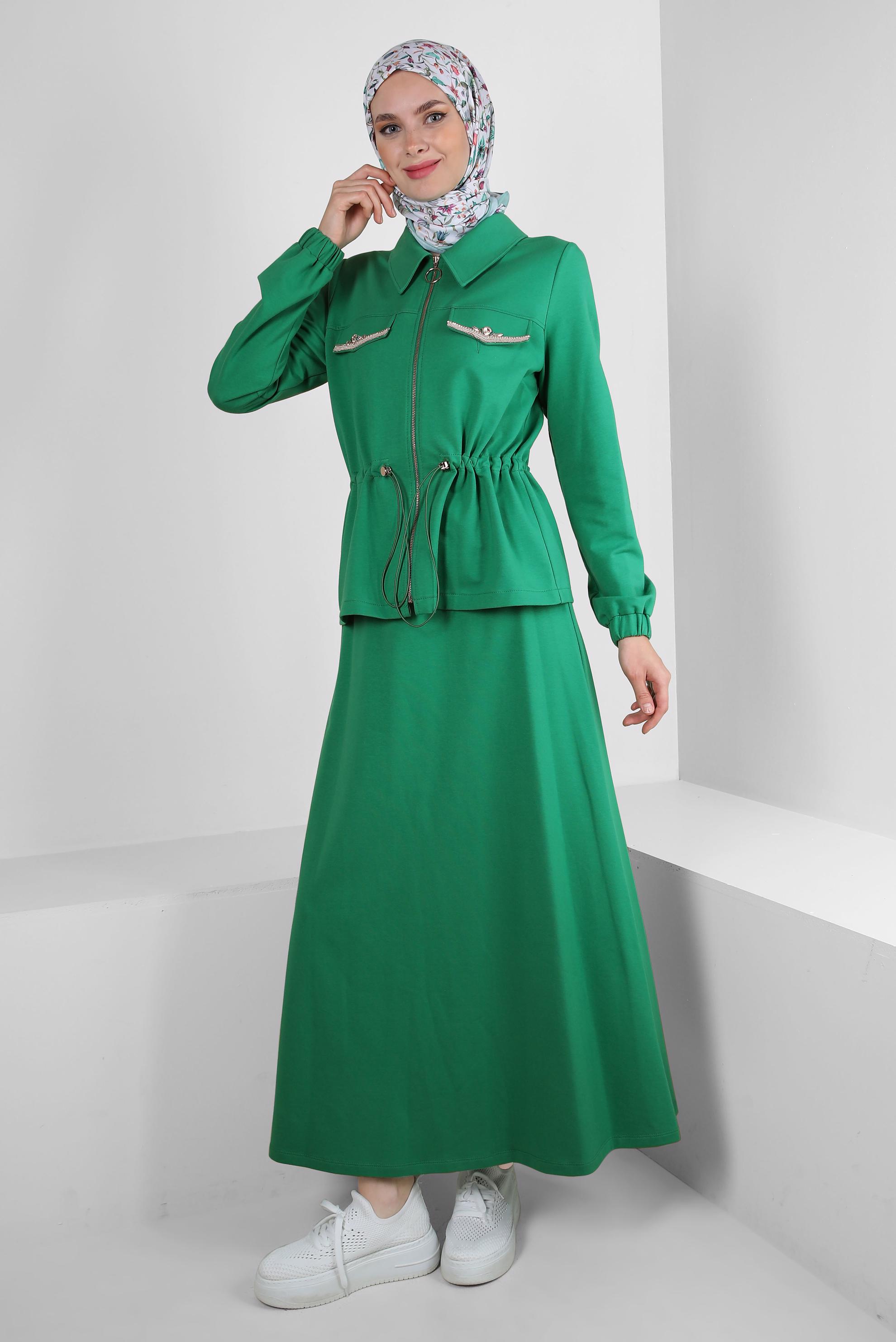 Vêtements hijab VERT ENSEMBLE JUPE DE SURVÊTEMENT TAILLE SMOCKÉE AVEC FERMETURE ÉCLAIR 43876