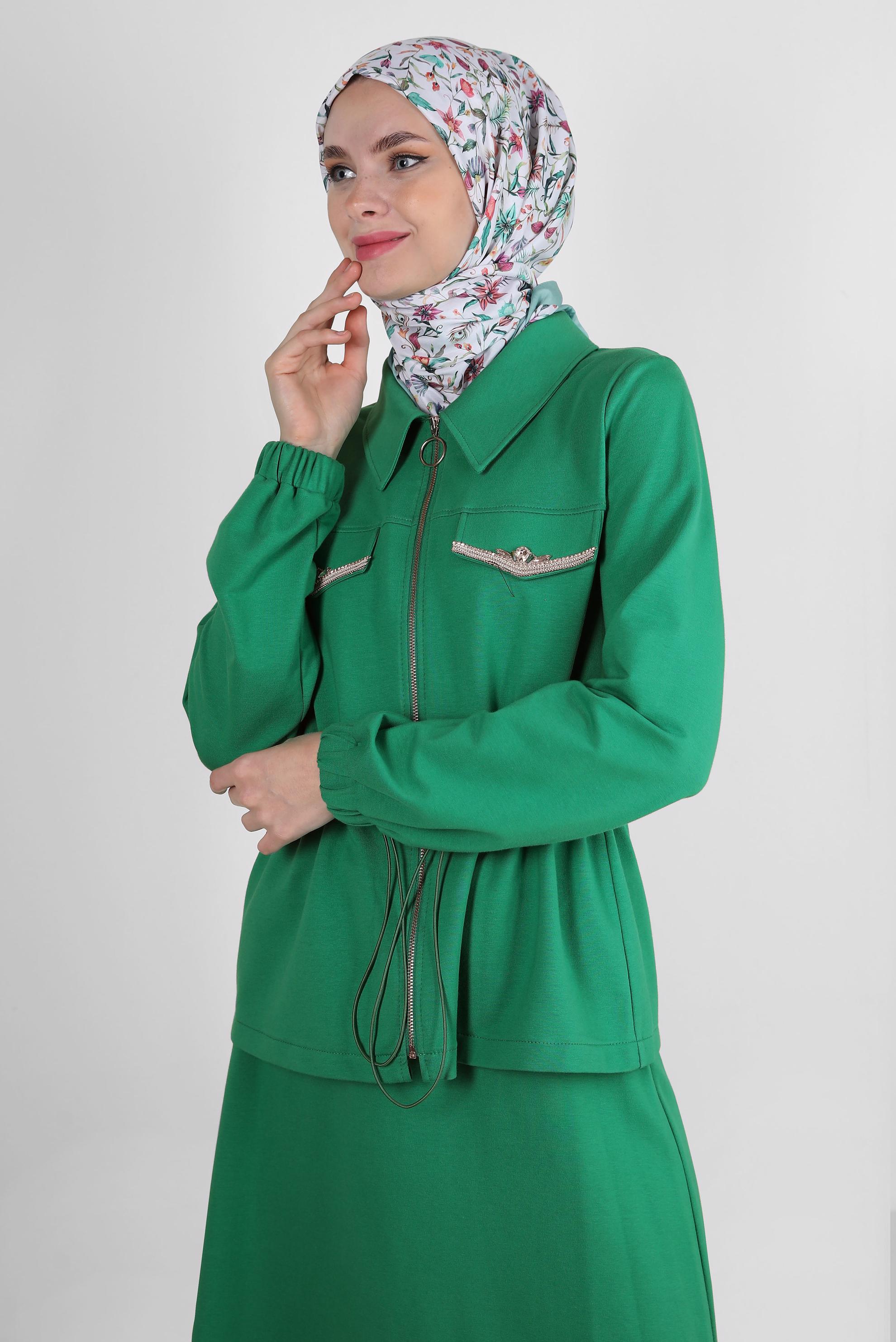 Vêtements hijab VERT ENSEMBLE JUPE DE SURVÊTEMENT TAILLE SMOCKÉE AVEC FERMETURE ÉCLAIR 43876