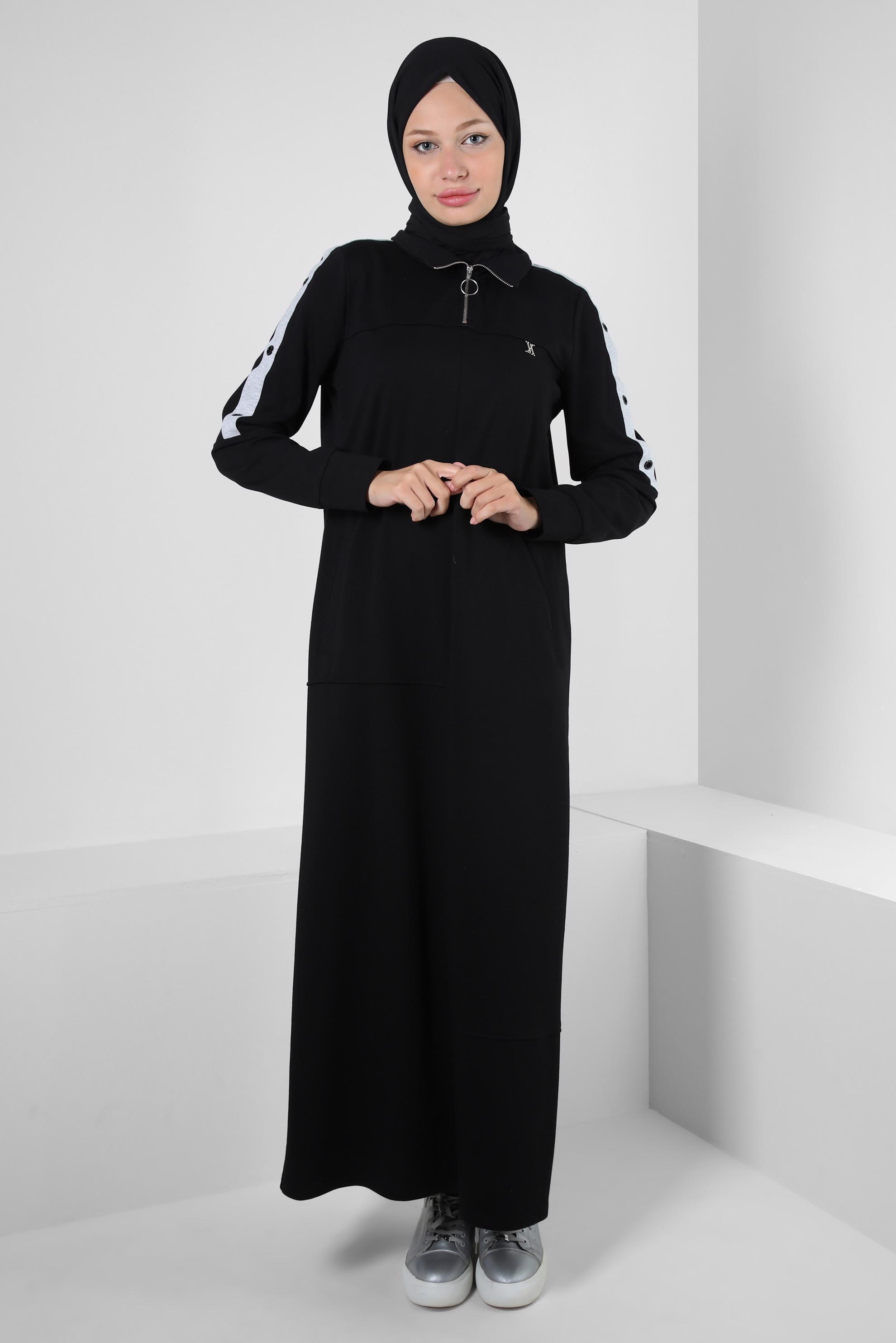 Tesettür giyim SİYAH FERMUARLI DİK YAKA EŞOFMAN ELBİSE 43881