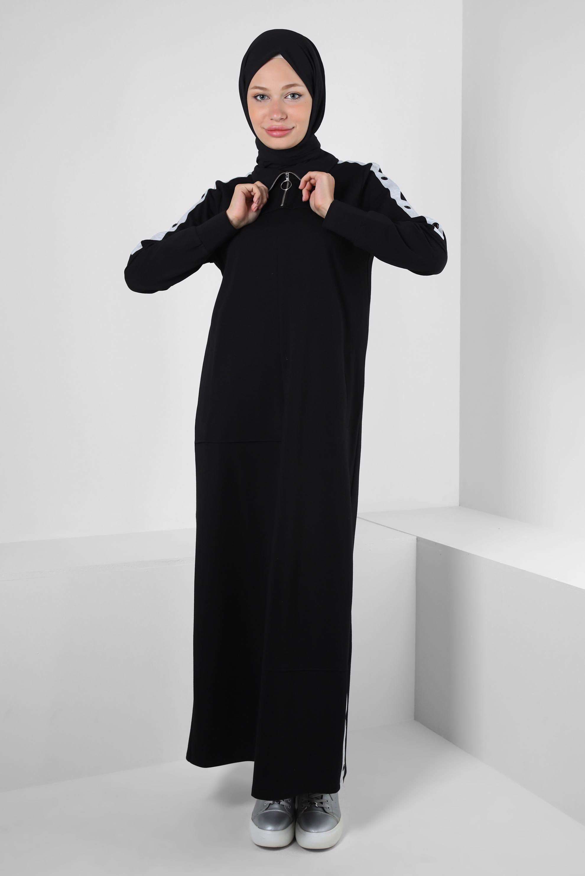Tesettür giyim SİYAH FERMUARLI DİK YAKA EŞOFMAN ELBİSE 43881