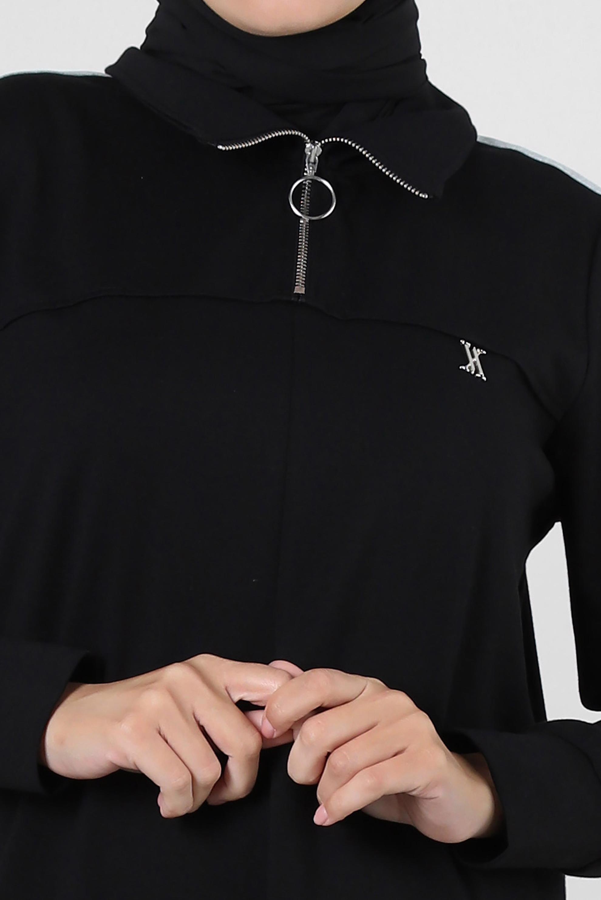 Tesettür giyim SİYAH FERMUARLI DİK YAKA EŞOFMAN ELBİSE 43881