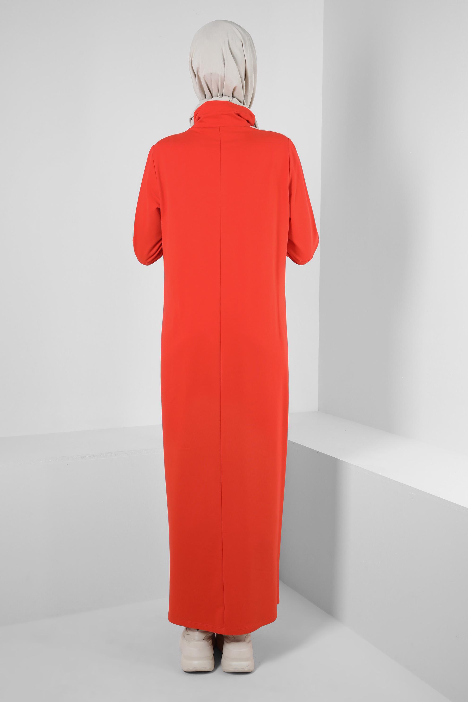 Tesettür giyim KIRMIZI FERMUARLI DİK YAKA EŞOFMAN ELBİSE 43881