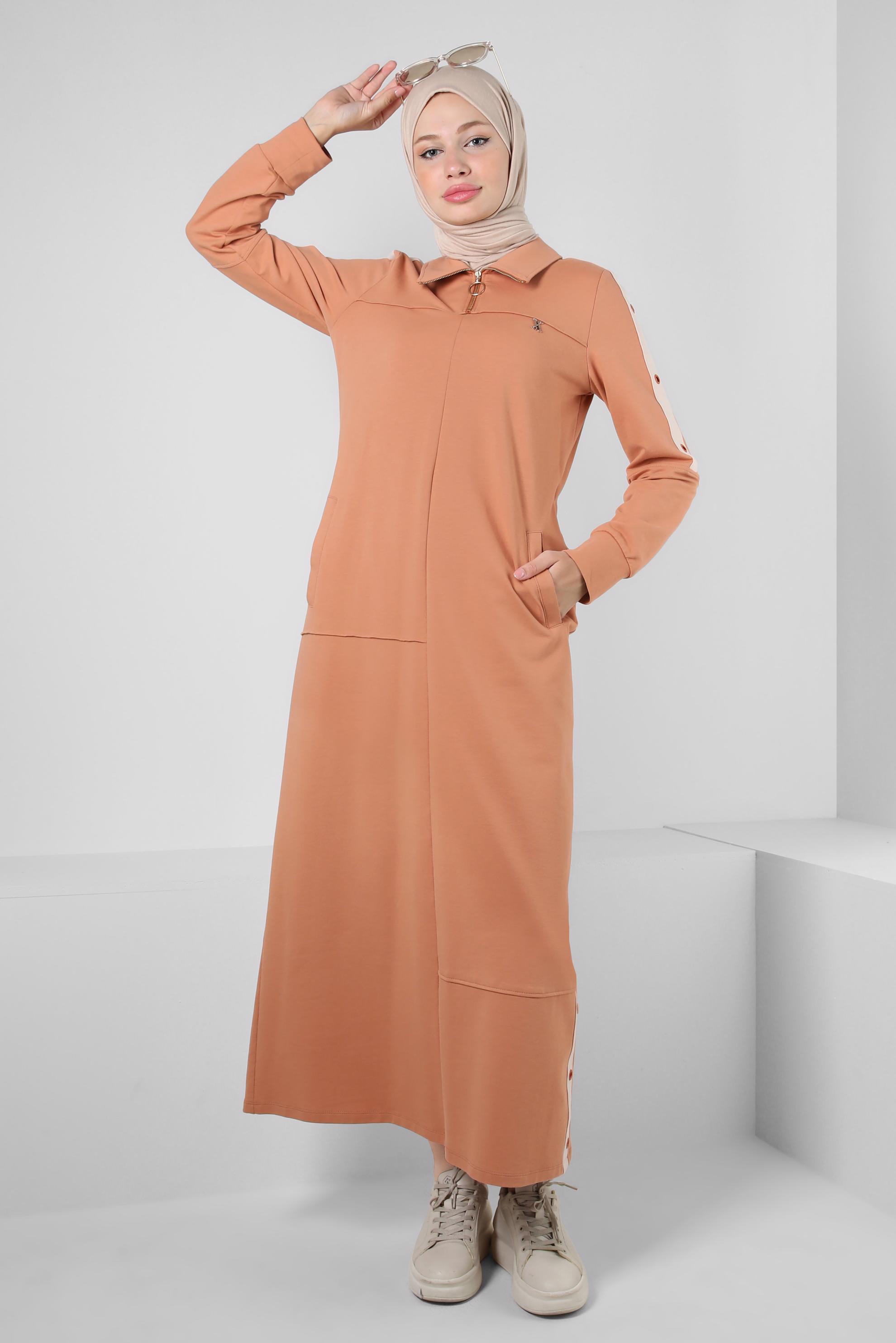 Tesettür giyim PEMBE FERMUARLI DİK YAKA EŞOFMAN ELBİSE 43881