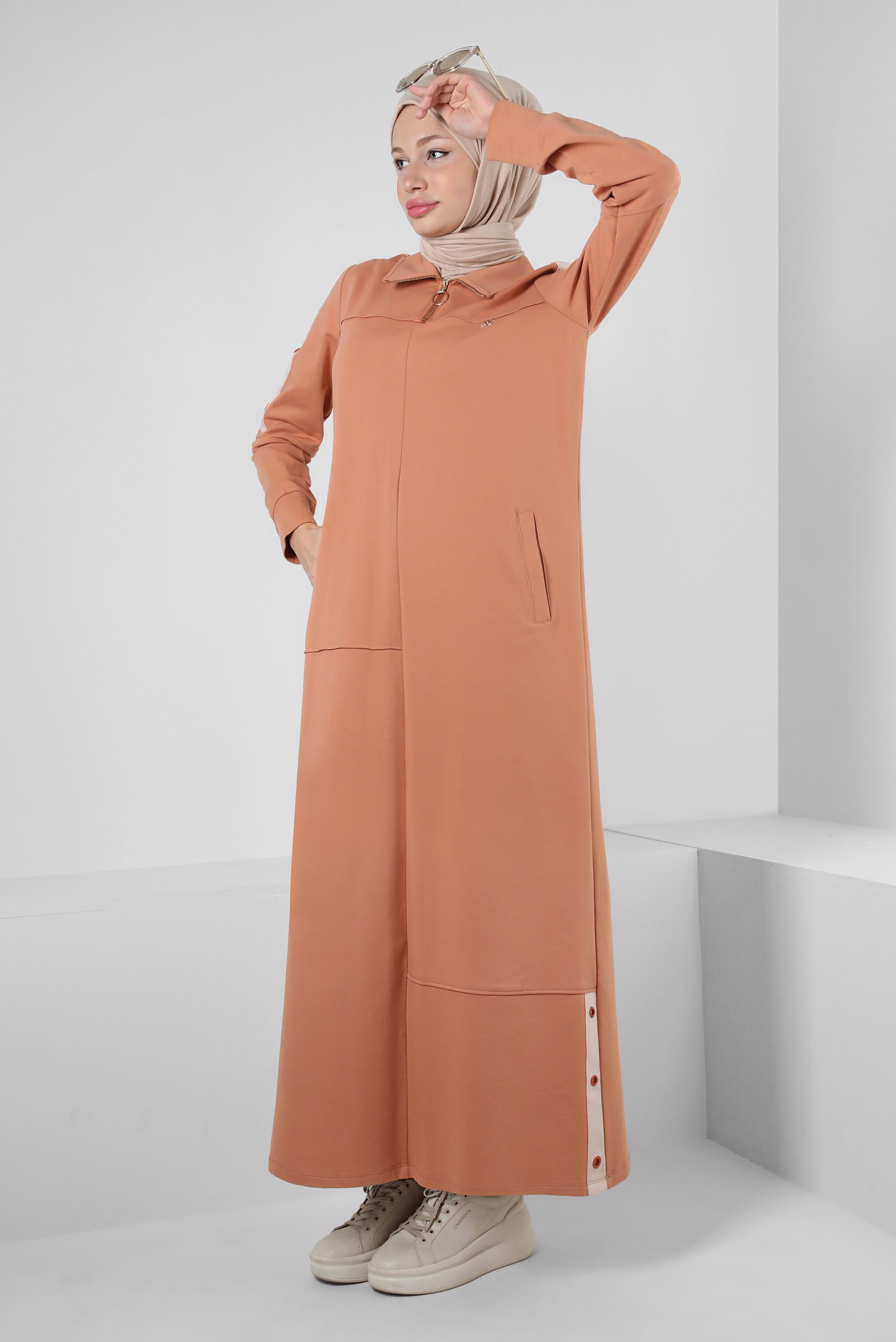 Tesettür giyim PEMBE FERMUARLI DİK YAKA EŞOFMAN ELBİSE 43881