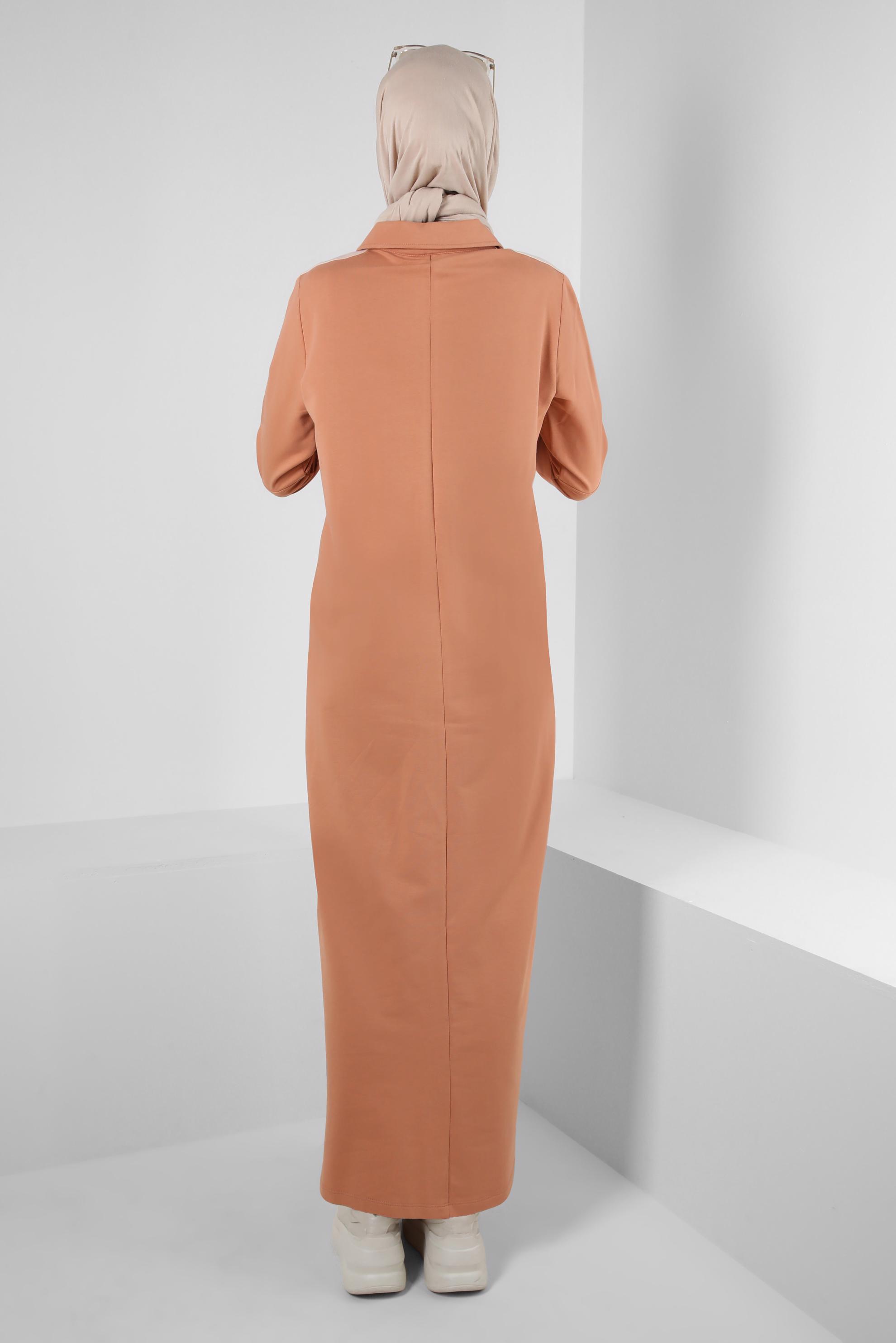 Tesettür giyim PEMBE FERMUARLI DİK YAKA EŞOFMAN ELBİSE 43881