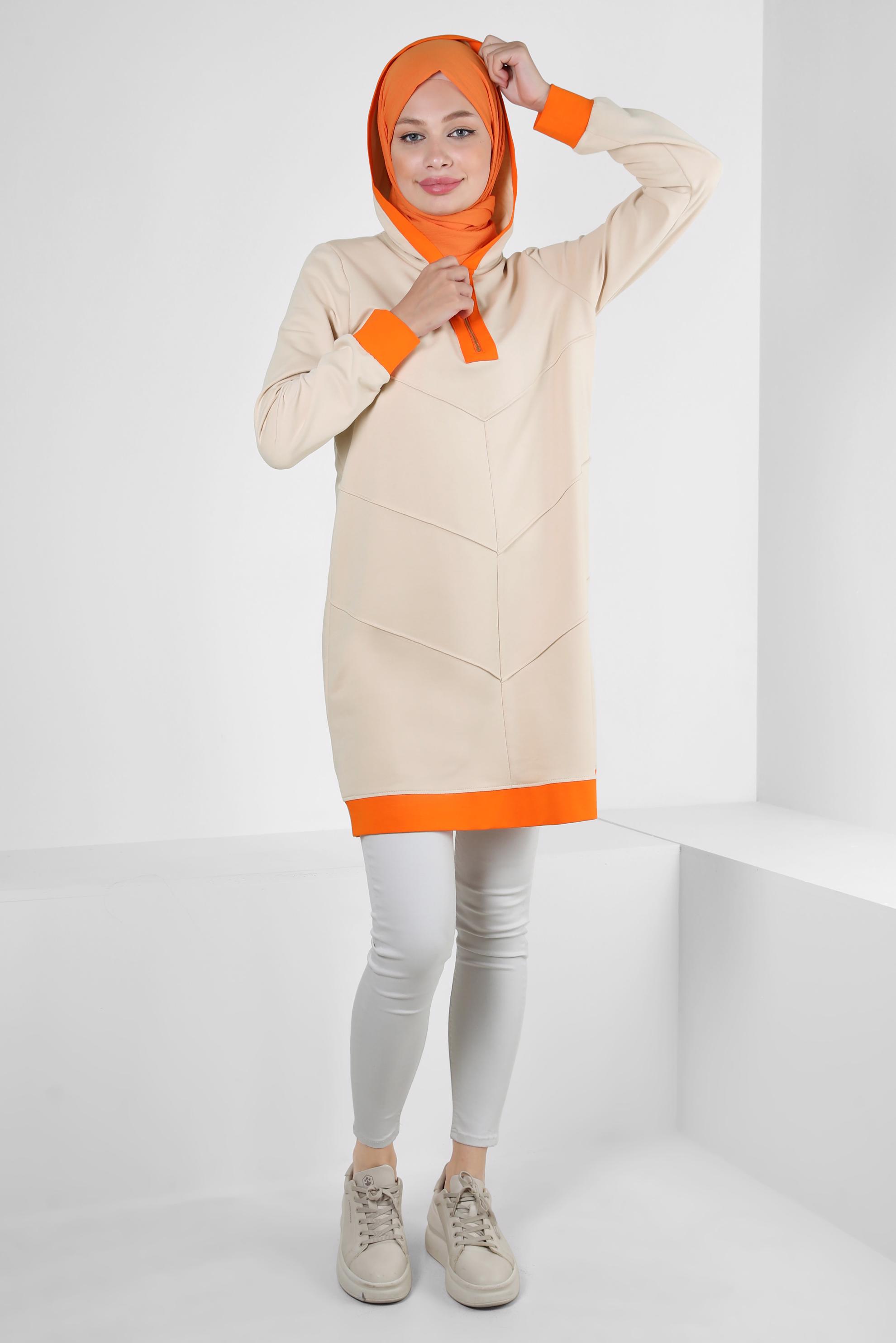 Tesettür giyim BEJ KAPÜŞONLU FERMUARLI EŞOFMAN TUNİK 43882