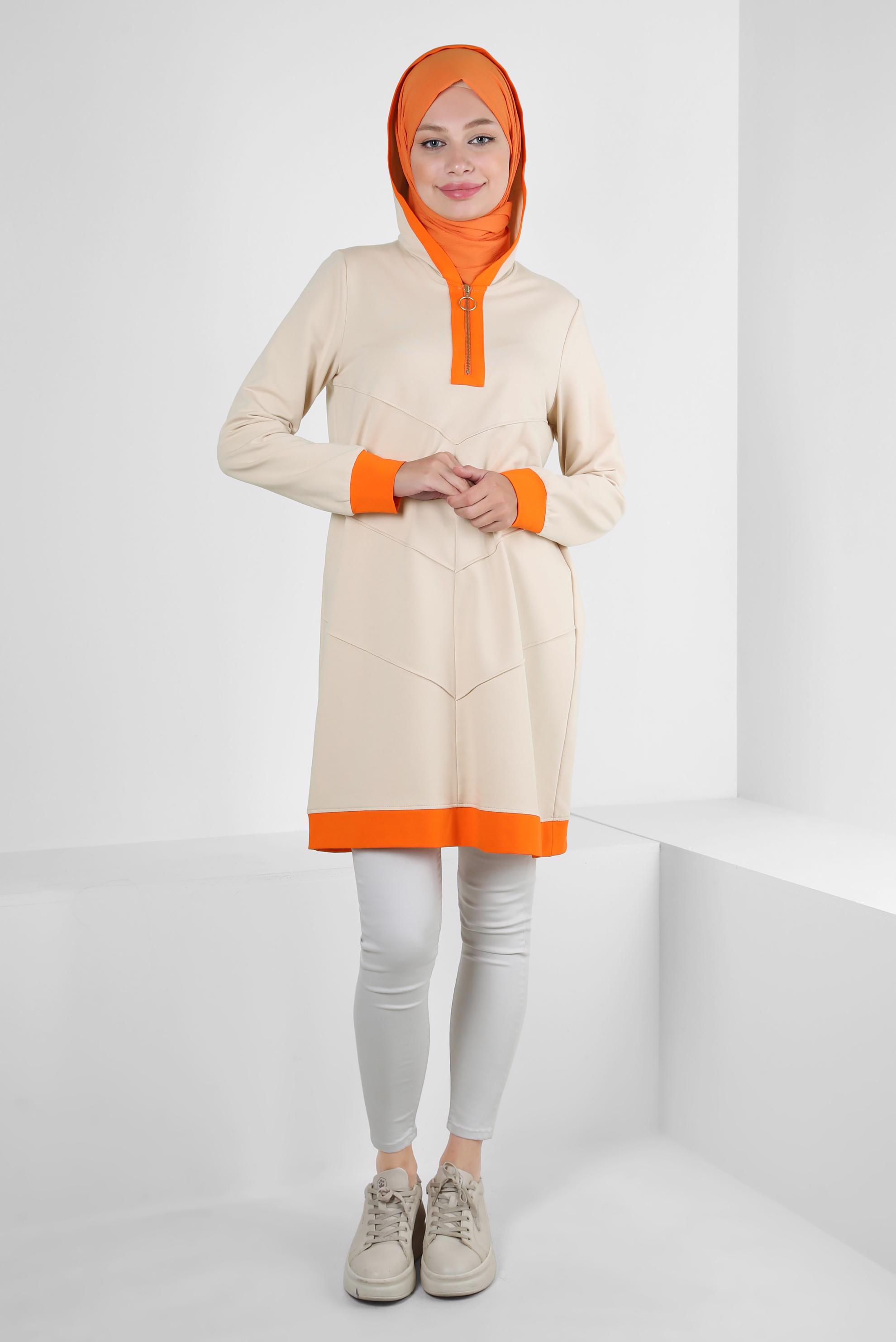 Tesettür giyim BEJ KAPÜŞONLU FERMUARLI EŞOFMAN TUNİK 43882