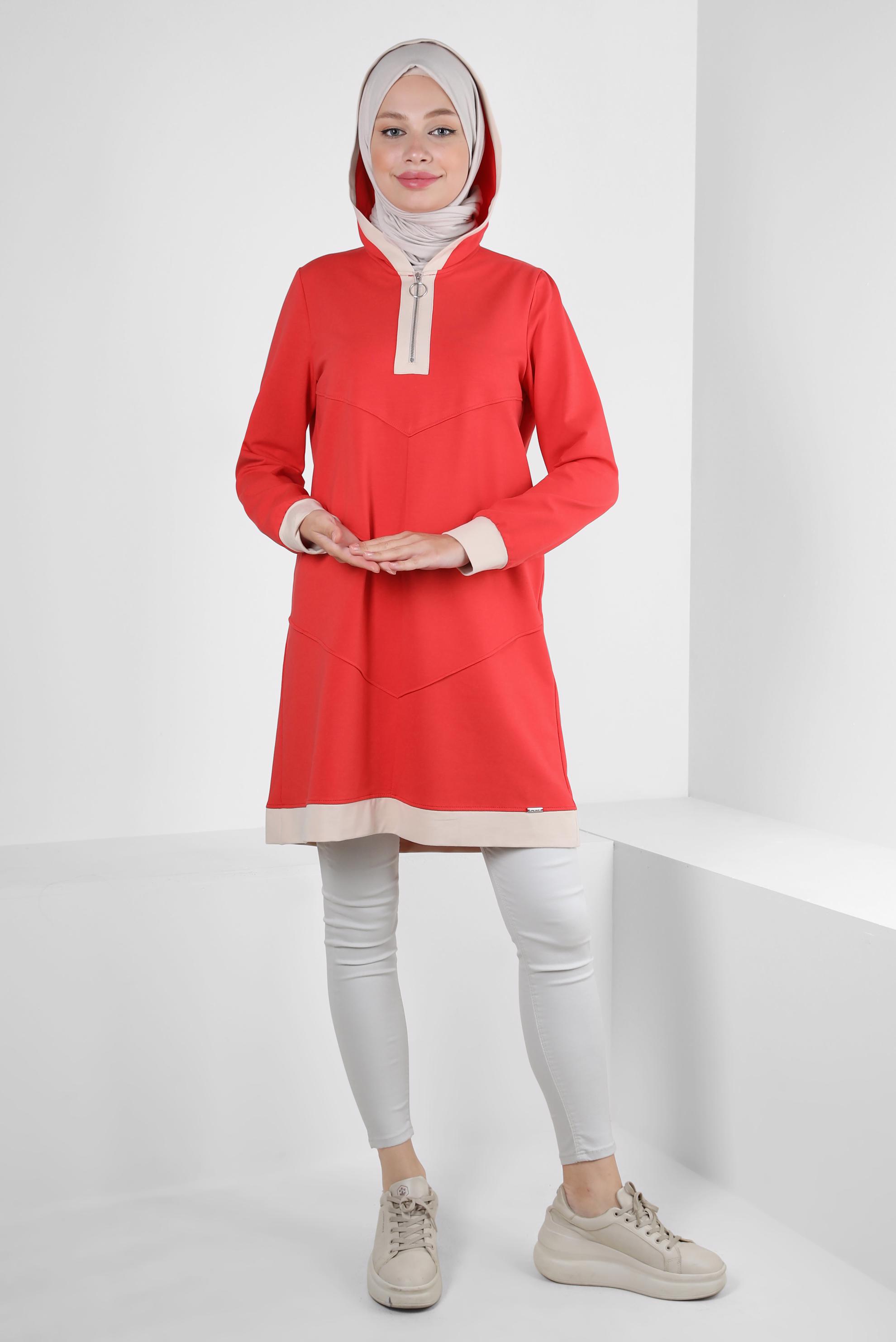 Tesettür giyim KIRMIZI KAPÜŞONLU FERMUARLI EŞOFMAN TUNİK 43882