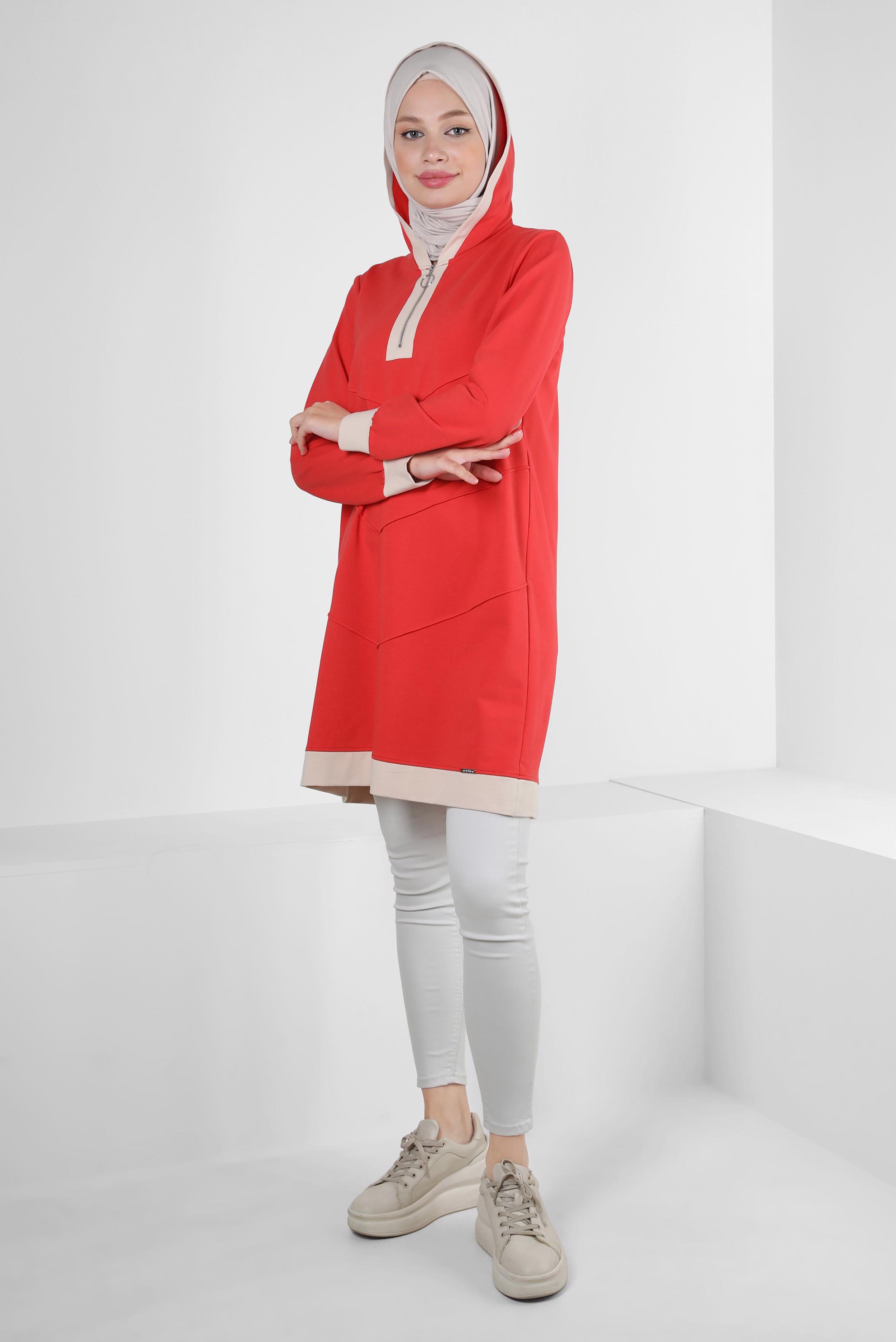 Tesettür giyim KIRMIZI KAPÜŞONLU FERMUARLI EŞOFMAN TUNİK 43882