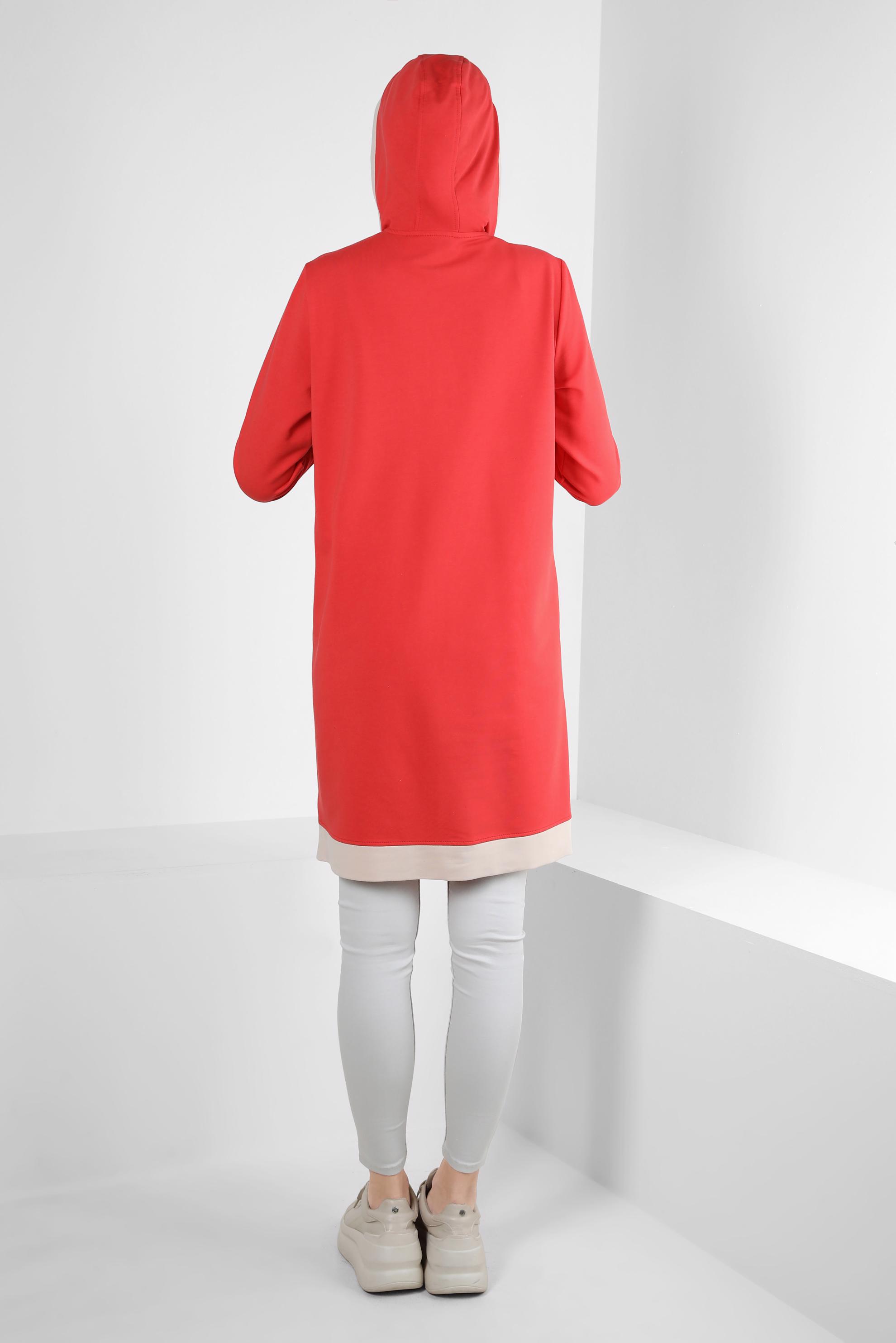 Tesettür giyim KIRMIZI KAPÜŞONLU FERMUARLI EŞOFMAN TUNİK 43882