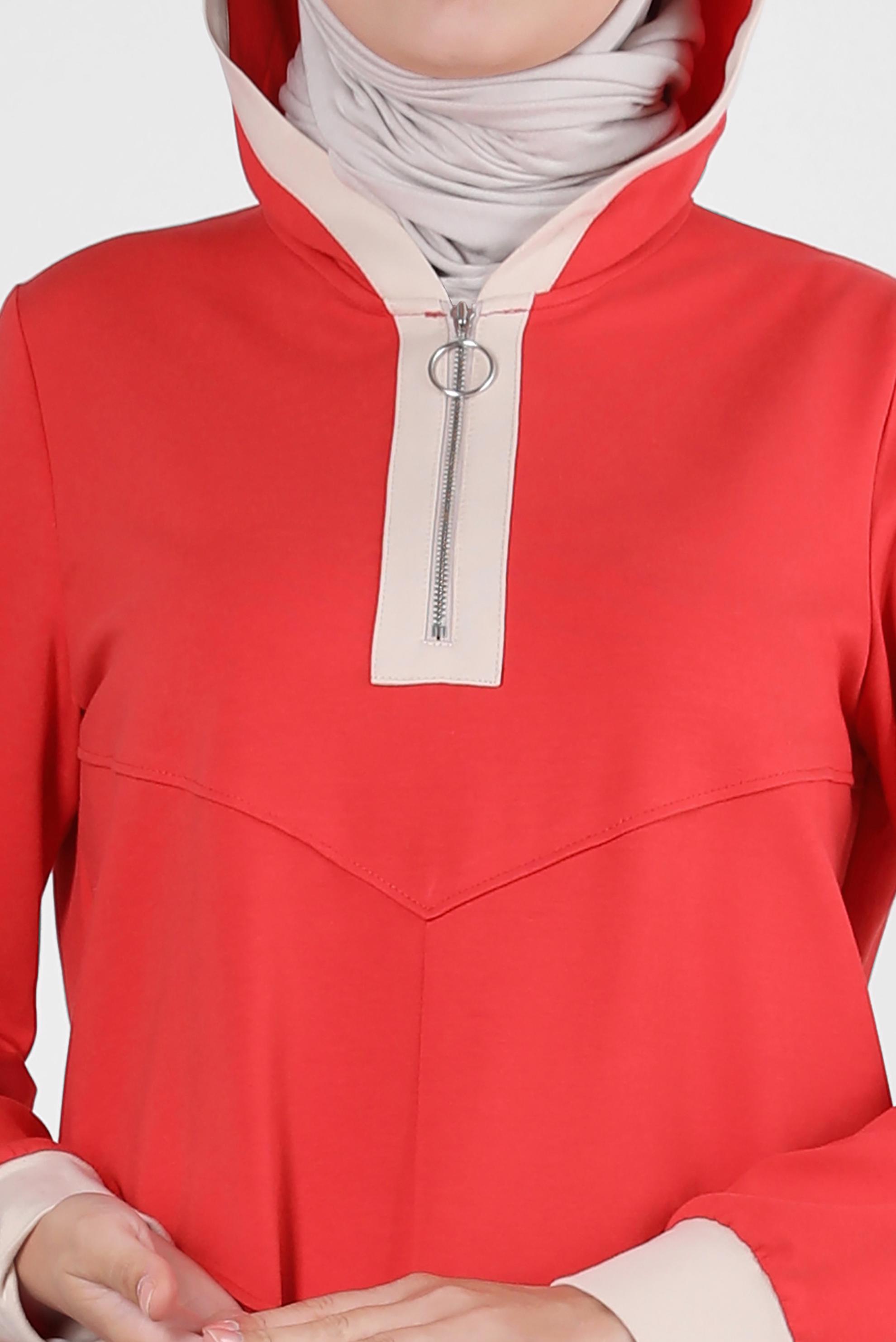 Tesettür giyim KIRMIZI KAPÜŞONLU FERMUARLI EŞOFMAN TUNİK 43882