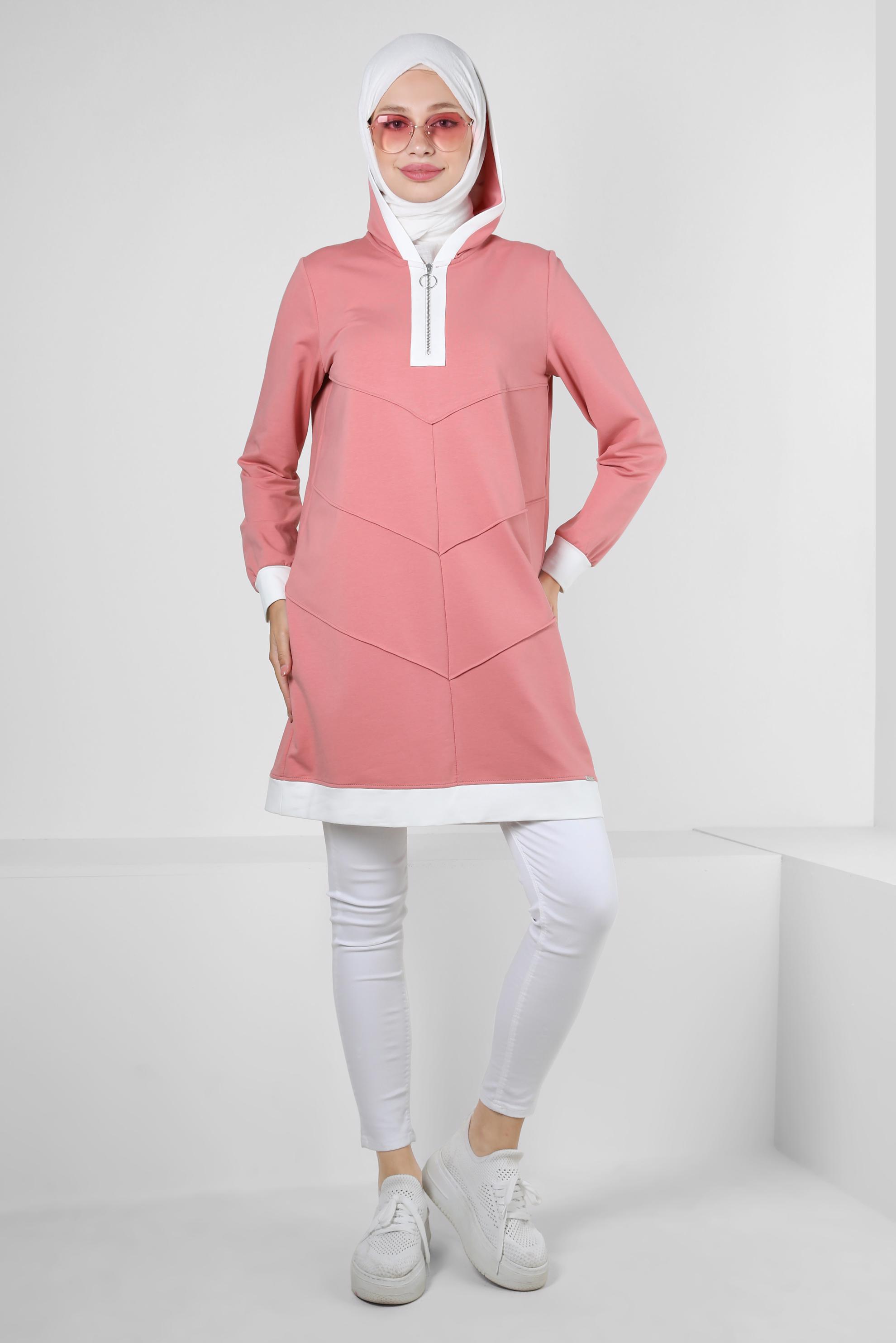 Tesettür giyim PEMBE KAPÜŞONLU FERMUARLI EŞOFMAN TUNİK 43882