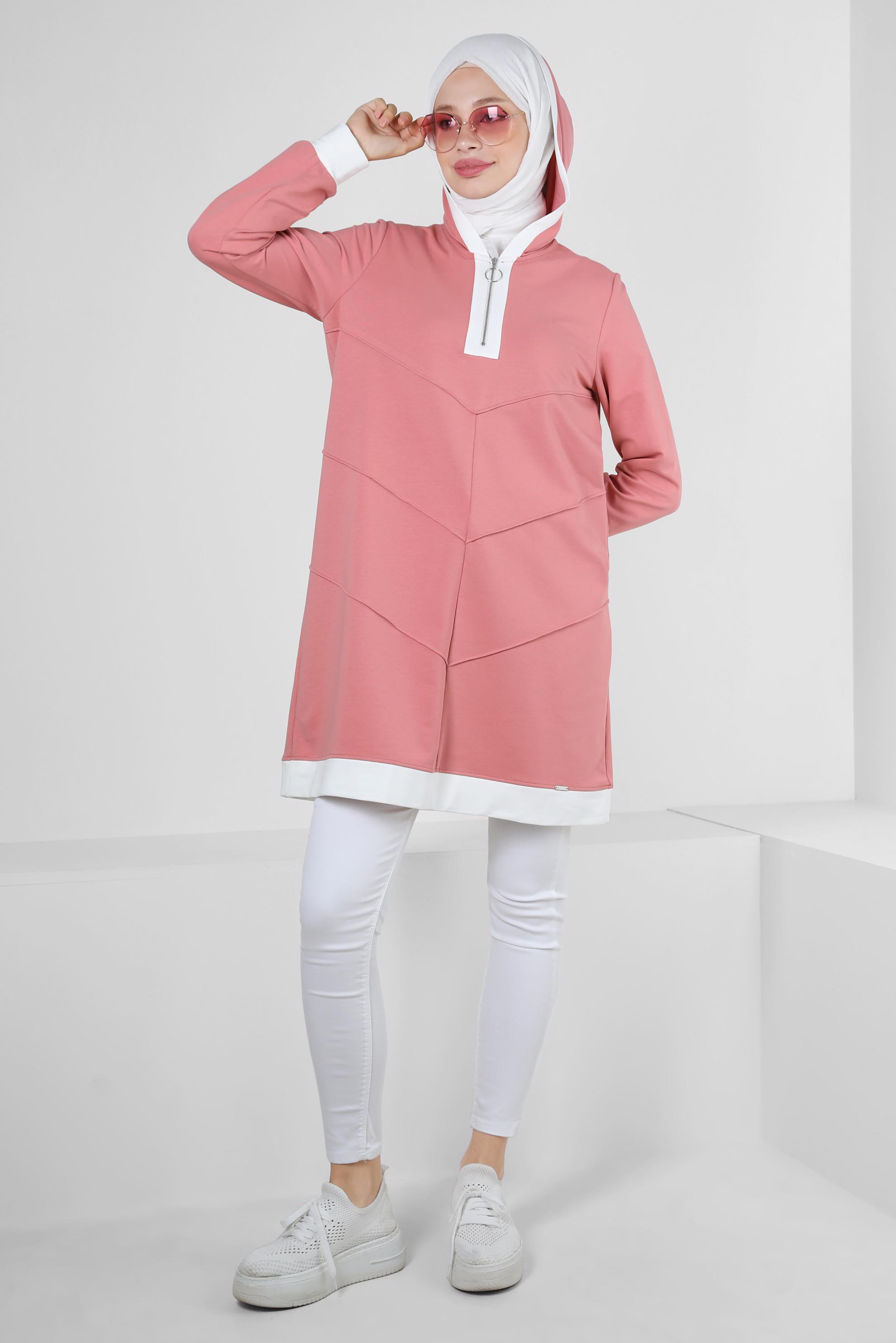 Tesettür giyim PEMBE KAPÜŞONLU FERMUARLI EŞOFMAN TUNİK 43882