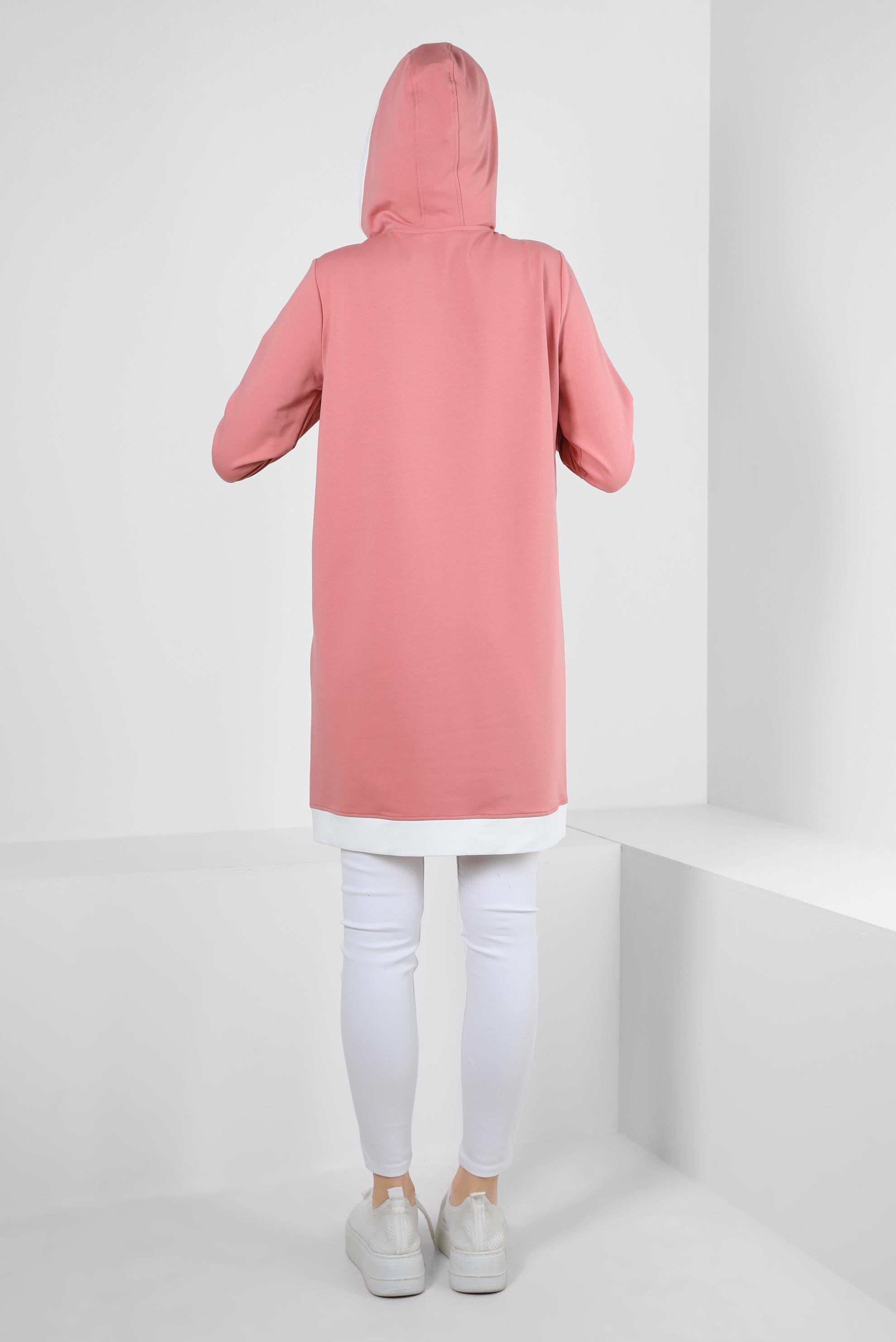 Tesettür giyim PEMBE KAPÜŞONLU FERMUARLI EŞOFMAN TUNİK 43882