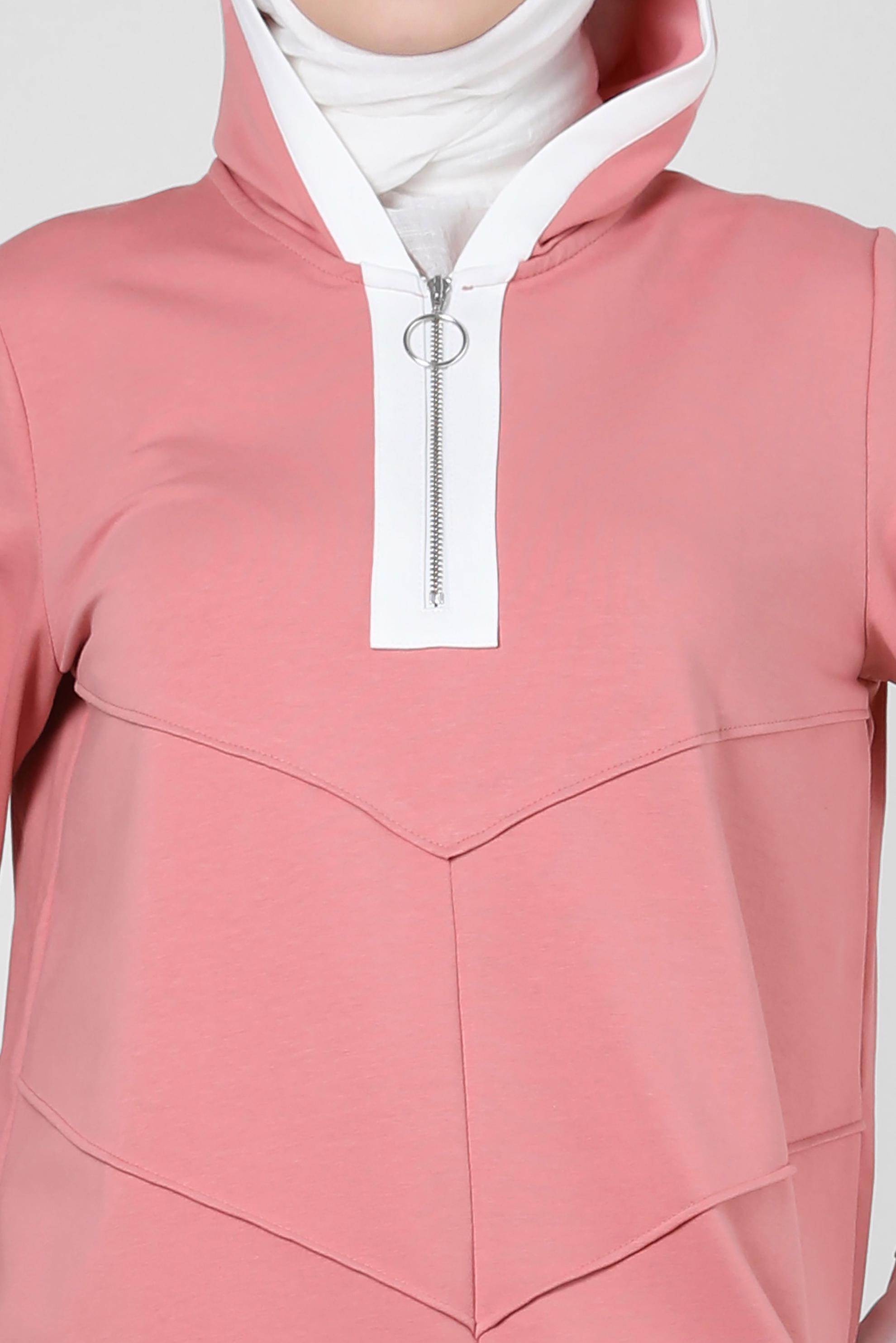 Tesettür giyim PEMBE KAPÜŞONLU FERMUARLI EŞOFMAN TUNİK 43882