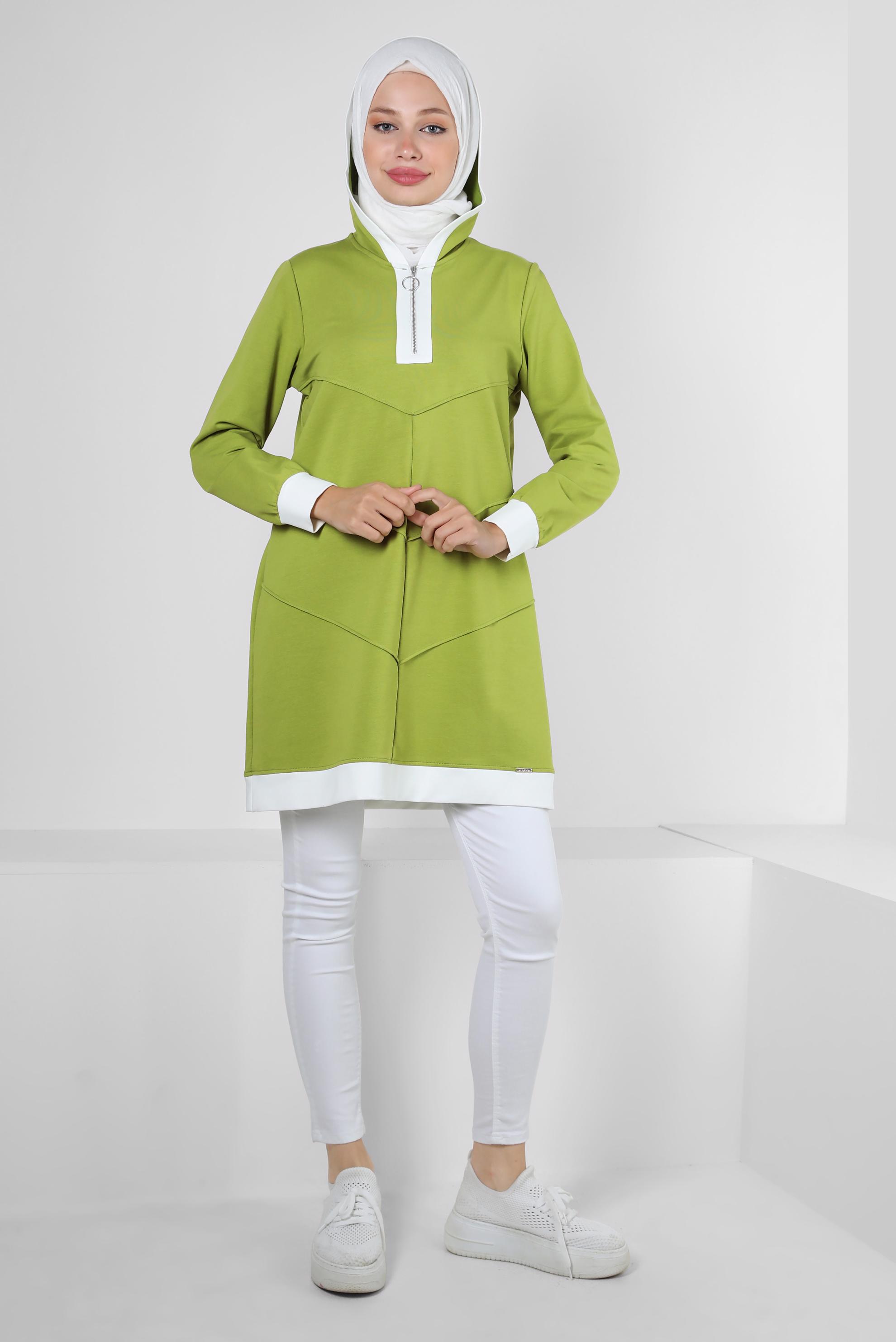Tesettür giyim YEŞİL KAPÜŞONLU FERMUARLI EŞOFMAN TUNİK 43882
