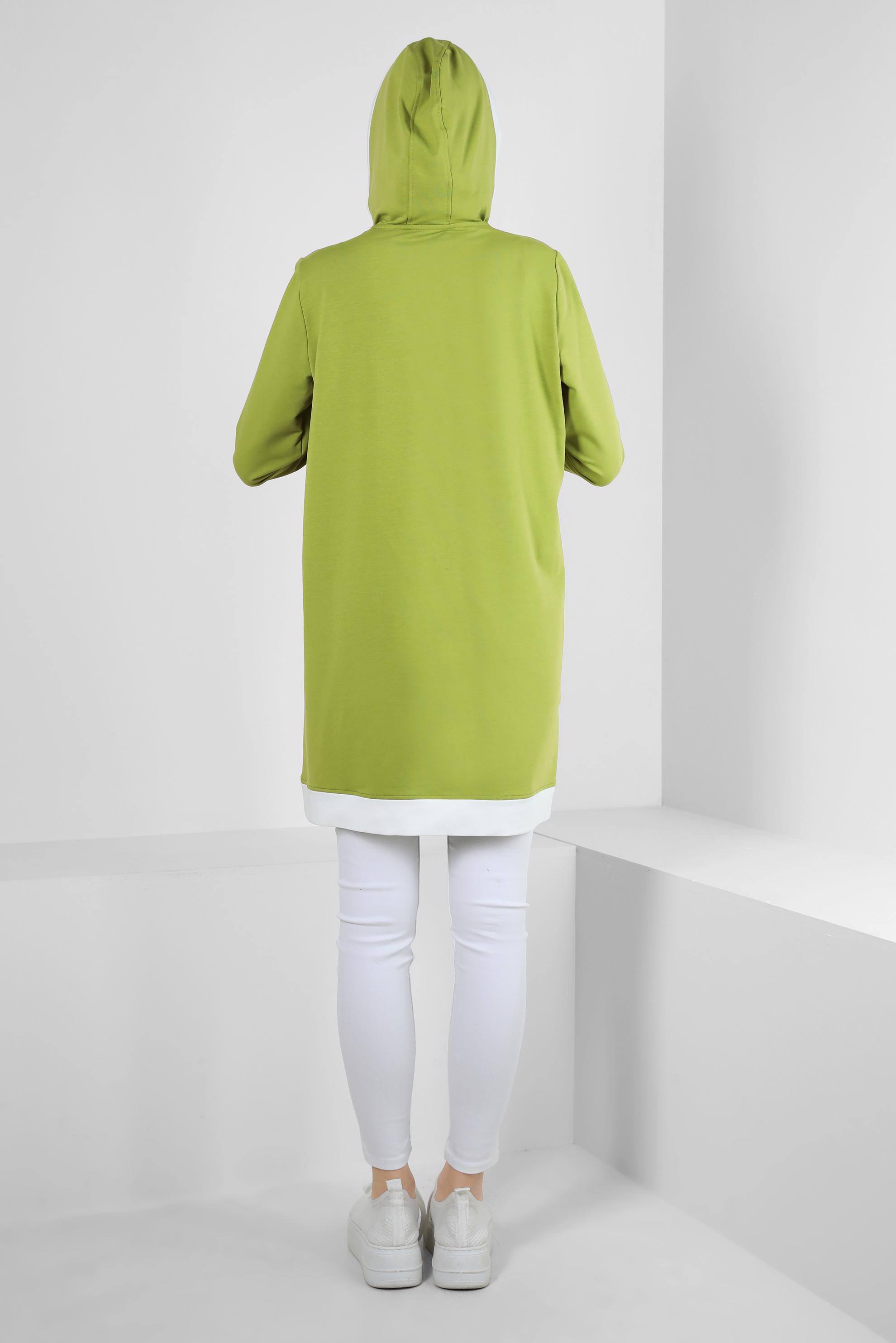 Tesettür giyim YEŞİL KAPÜŞONLU FERMUARLI EŞOFMAN TUNİK 43882