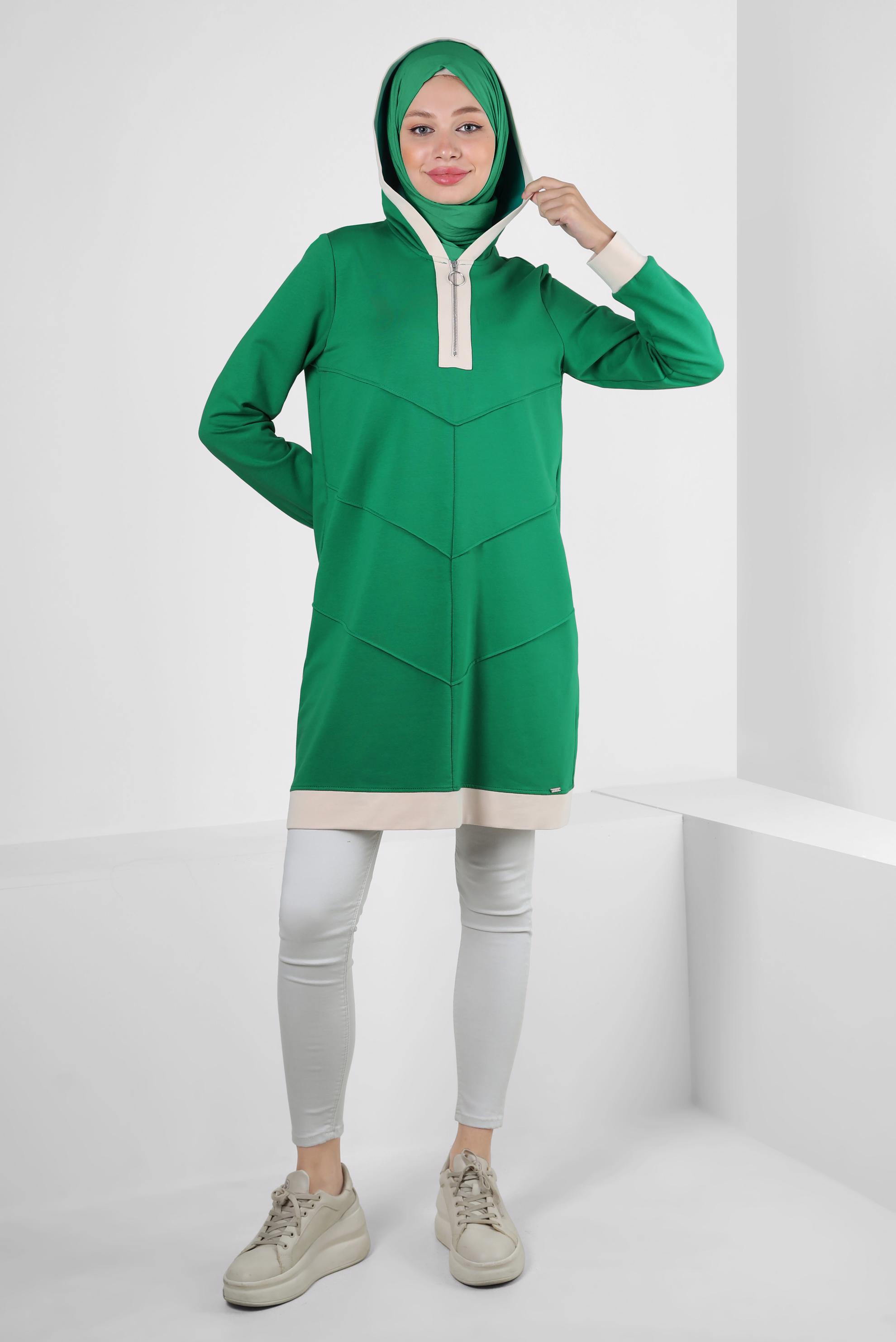 Tesettür giyim YEŞİL KAPÜŞONLU FERMUARLI EŞOFMAN TUNİK 43882