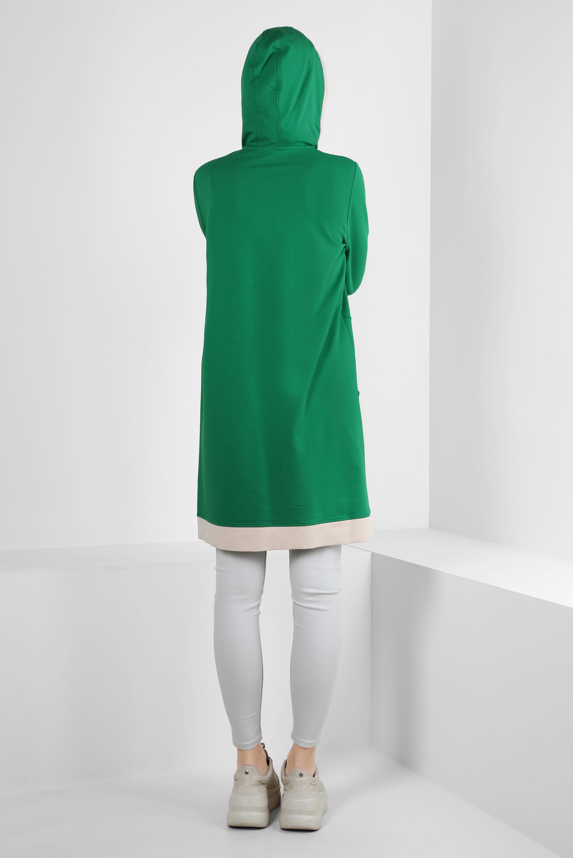 Tesettür giyim YEŞİL KAPÜŞONLU FERMUARLI EŞOFMAN TUNİK 43882