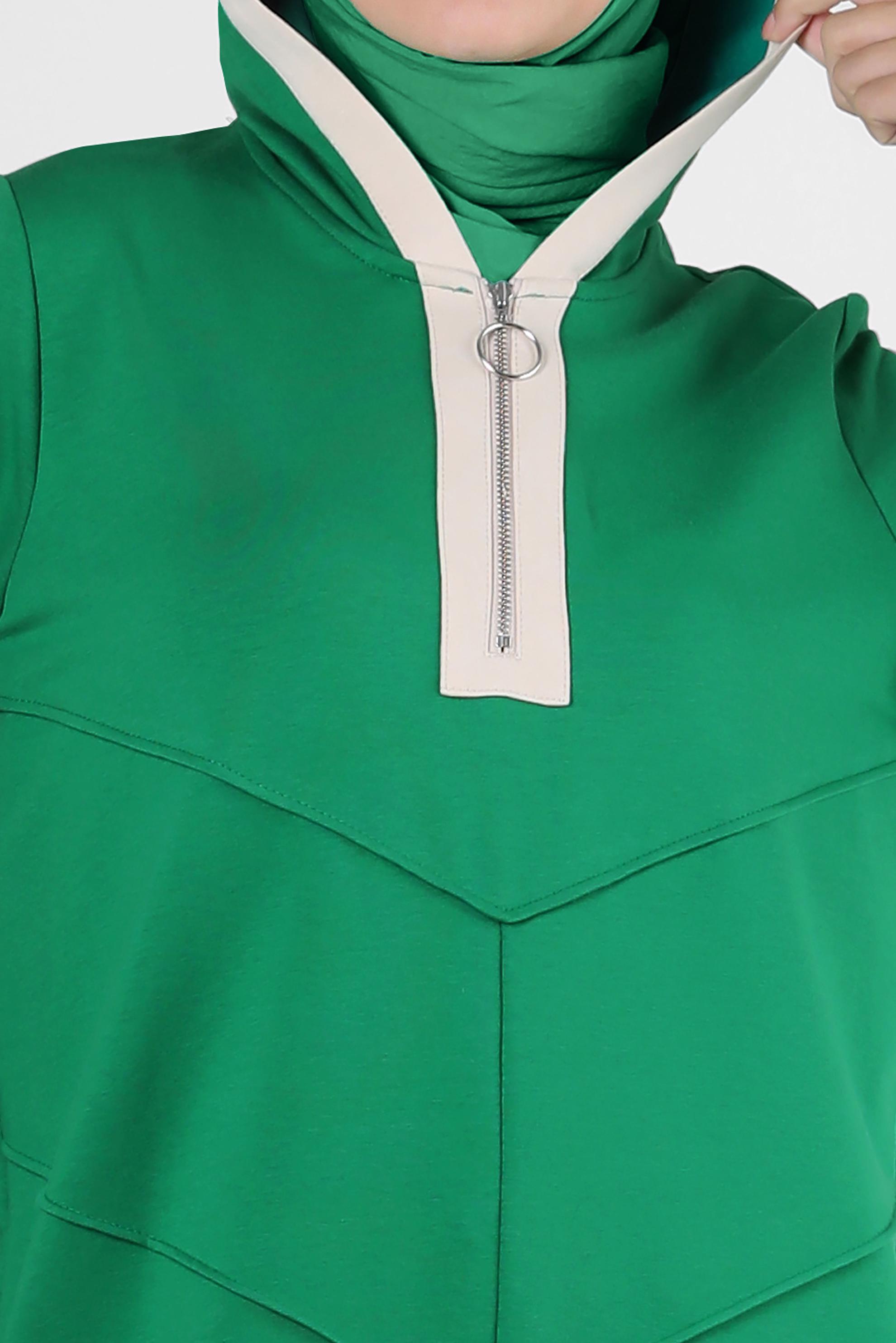 Tesettür giyim YEŞİL KAPÜŞONLU FERMUARLI EŞOFMAN TUNİK 43882