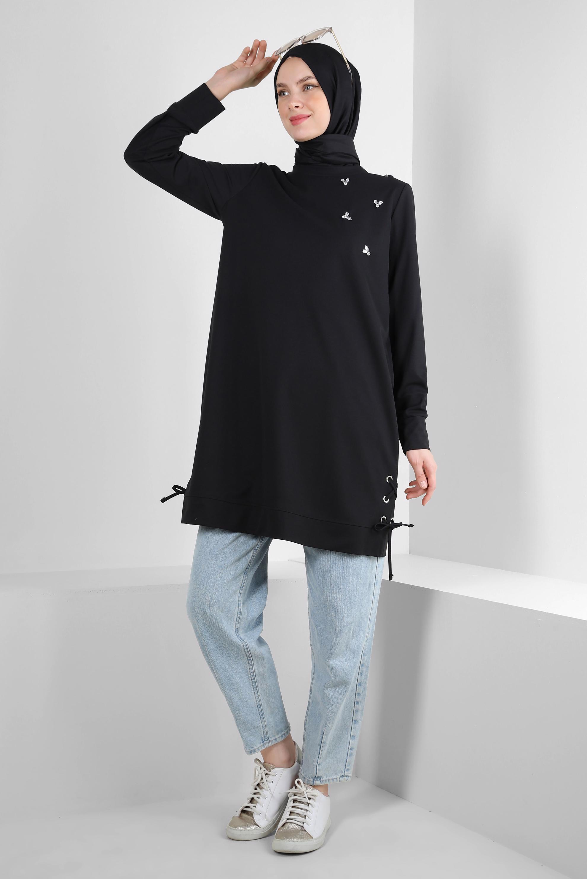Tesettür giyim SİYAH BAĞLAMA DETAYLI TAŞLI EŞOFMAN TUNİK 43883