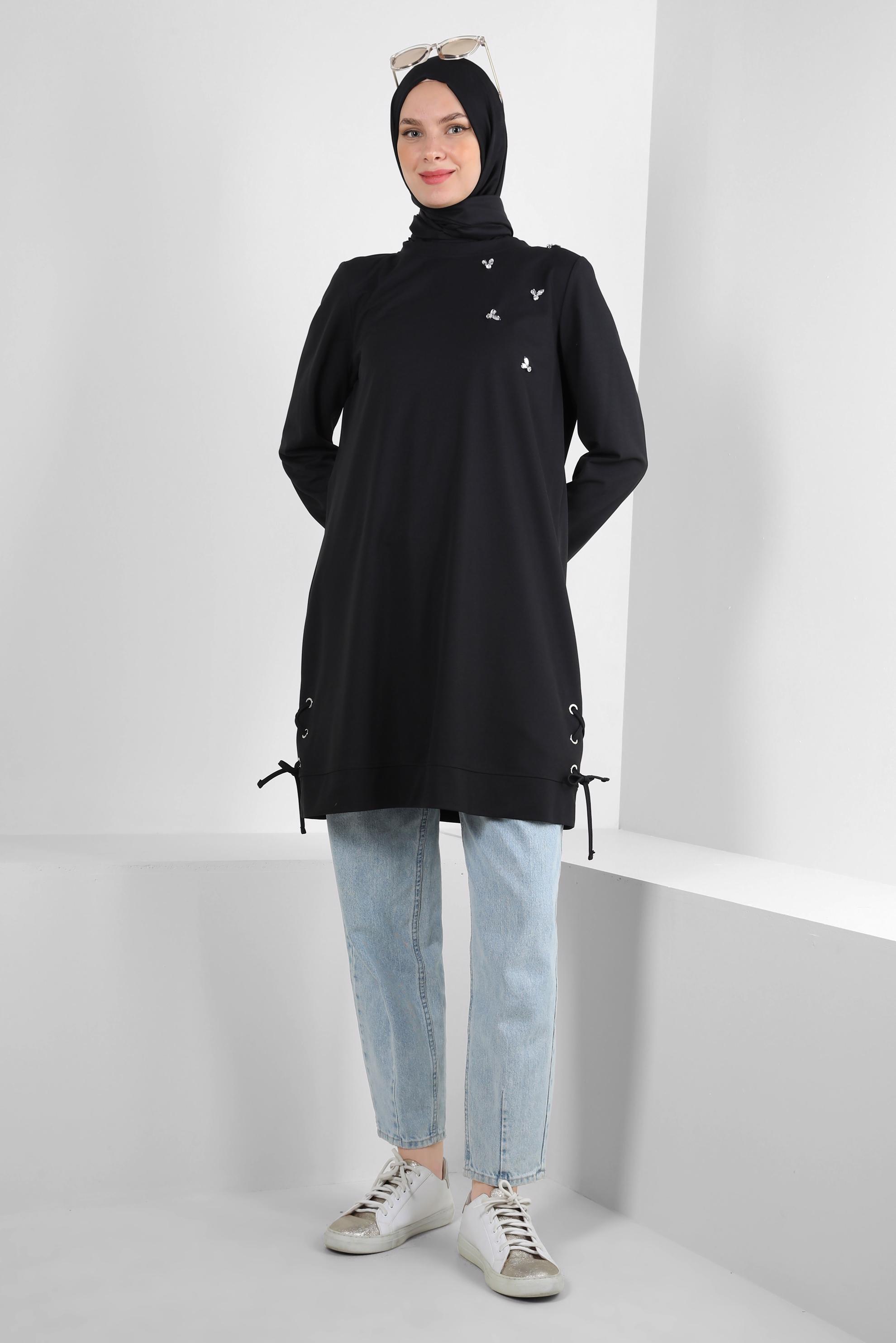 Tesettür giyim SİYAH BAĞLAMA DETAYLI TAŞLI EŞOFMAN TUNİK 43883