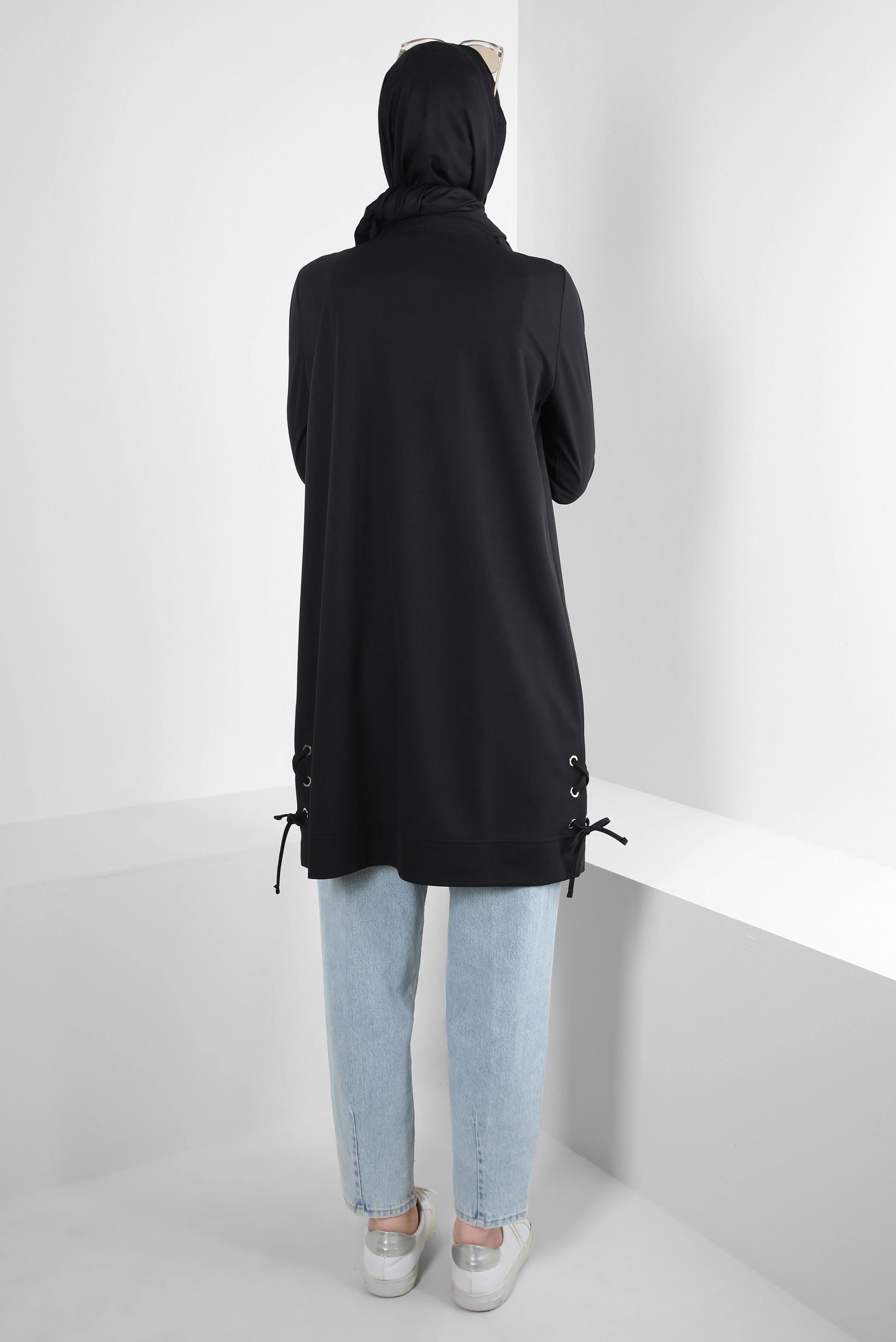 Tesettür giyim SİYAH BAĞLAMA DETAYLI TAŞLI EŞOFMAN TUNİK 43883