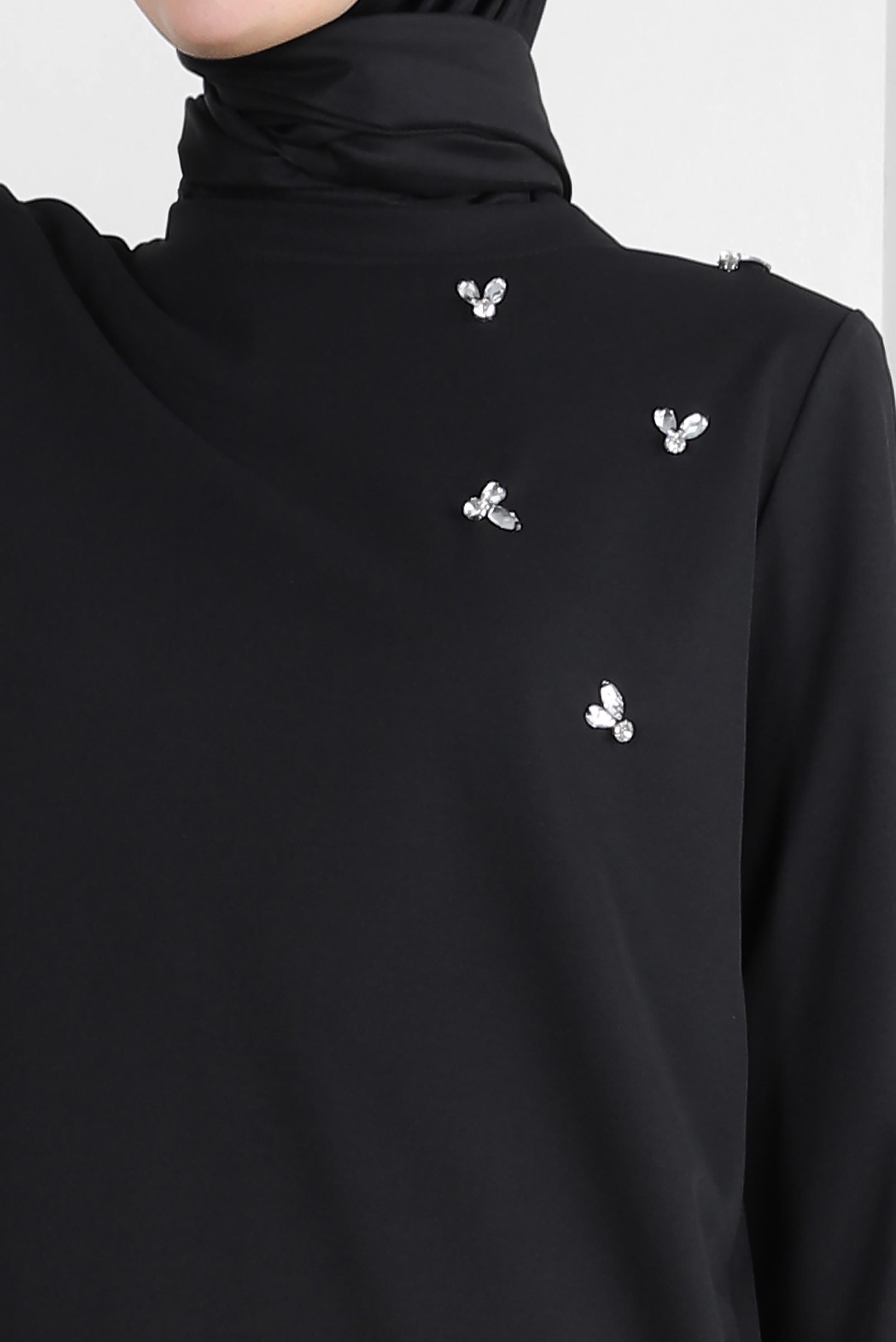 Tesettür giyim SİYAH BAĞLAMA DETAYLI TAŞLI EŞOFMAN TUNİK 43883