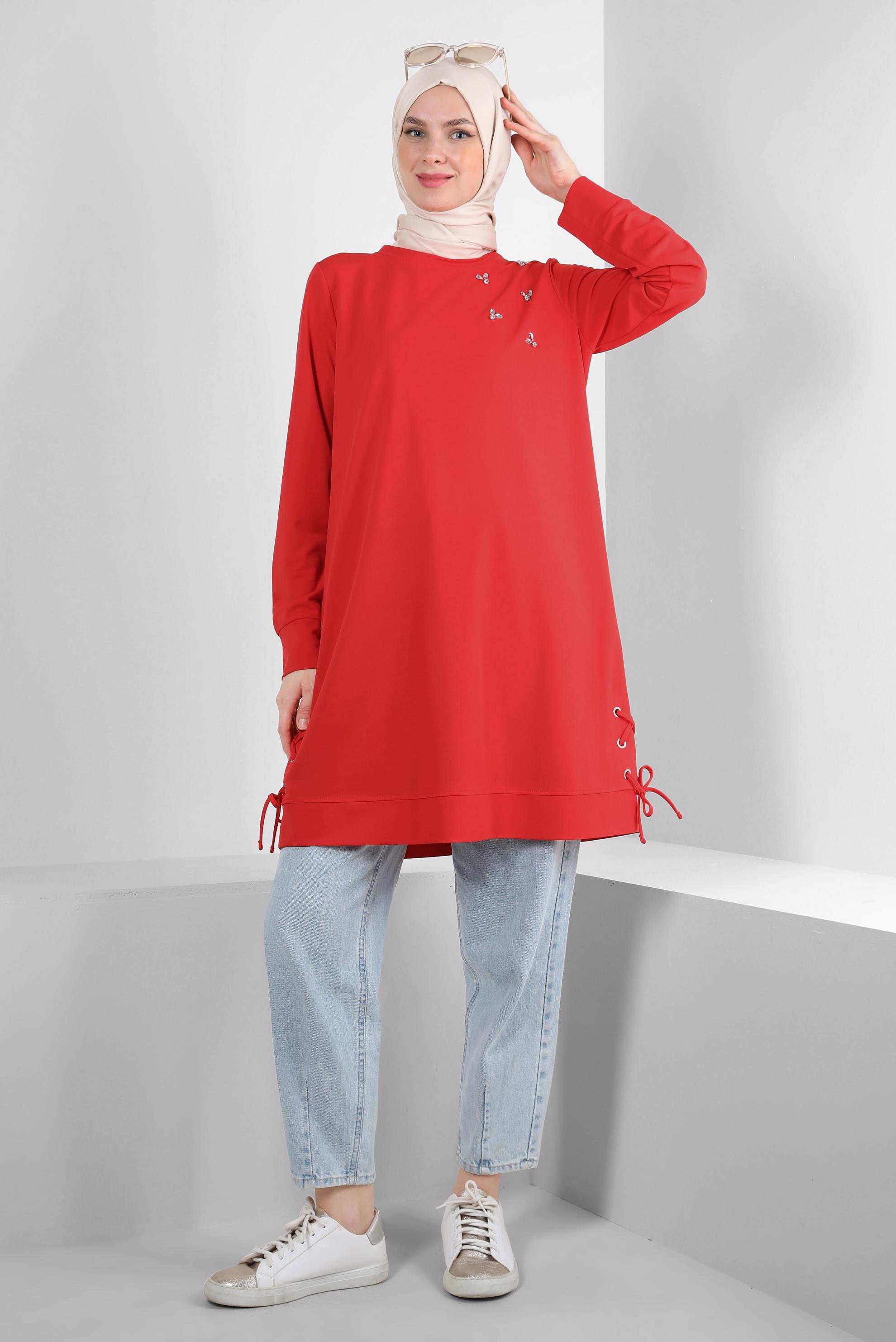 Tesettür giyim KIRMIZI BAĞLAMA DETAYLI TAŞLI EŞOFMAN TUNİK 43883